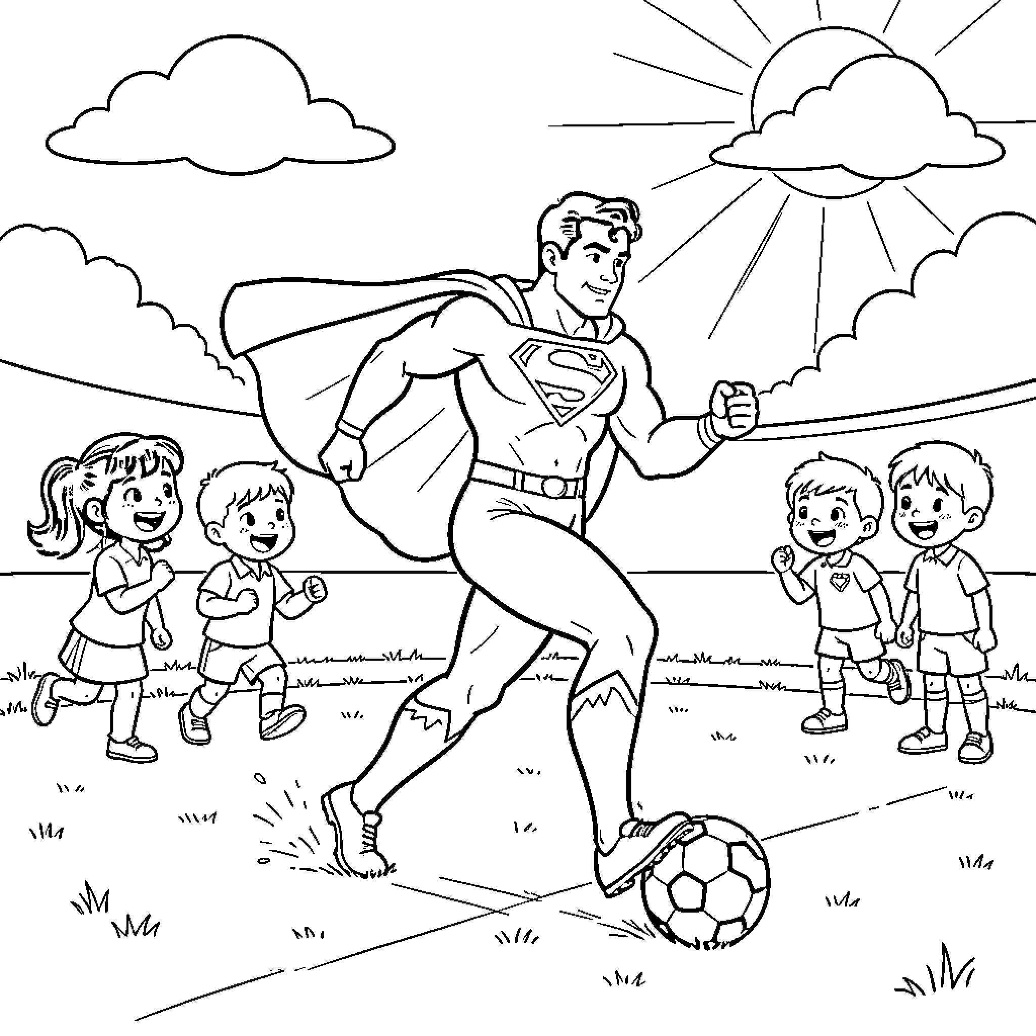Superman playing football with children in the park Coloring Page (free black-and-white line drawing printable PDF for all, from beginners to advanced learners, including children, teens, adults, and seniors)