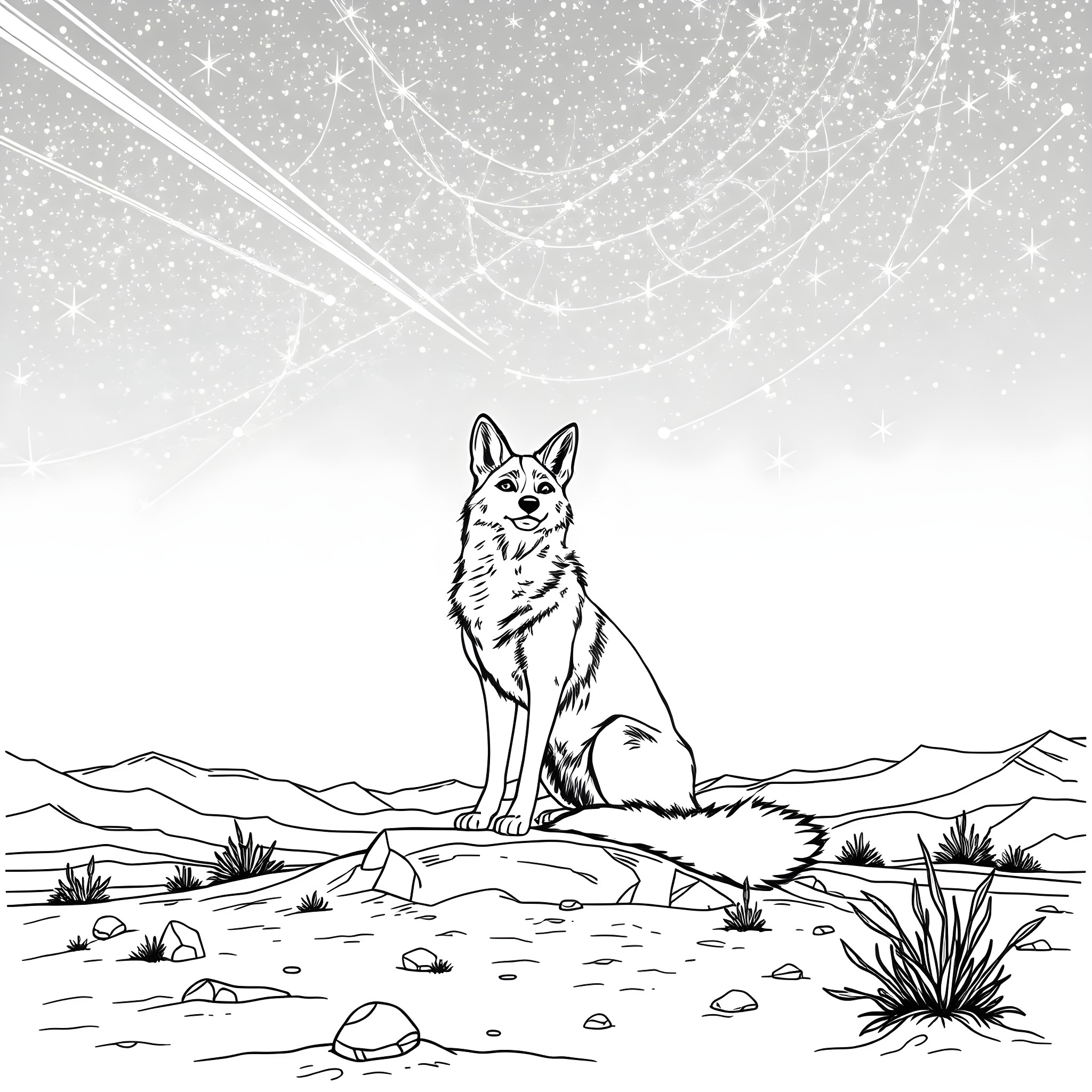 Coyote Sitting in the Starry Desert Landscape Coloring Page (free black-and-white line drawing printable PDF for all, from beginners to advanced learners, including children, teens, adults, and seniors)
