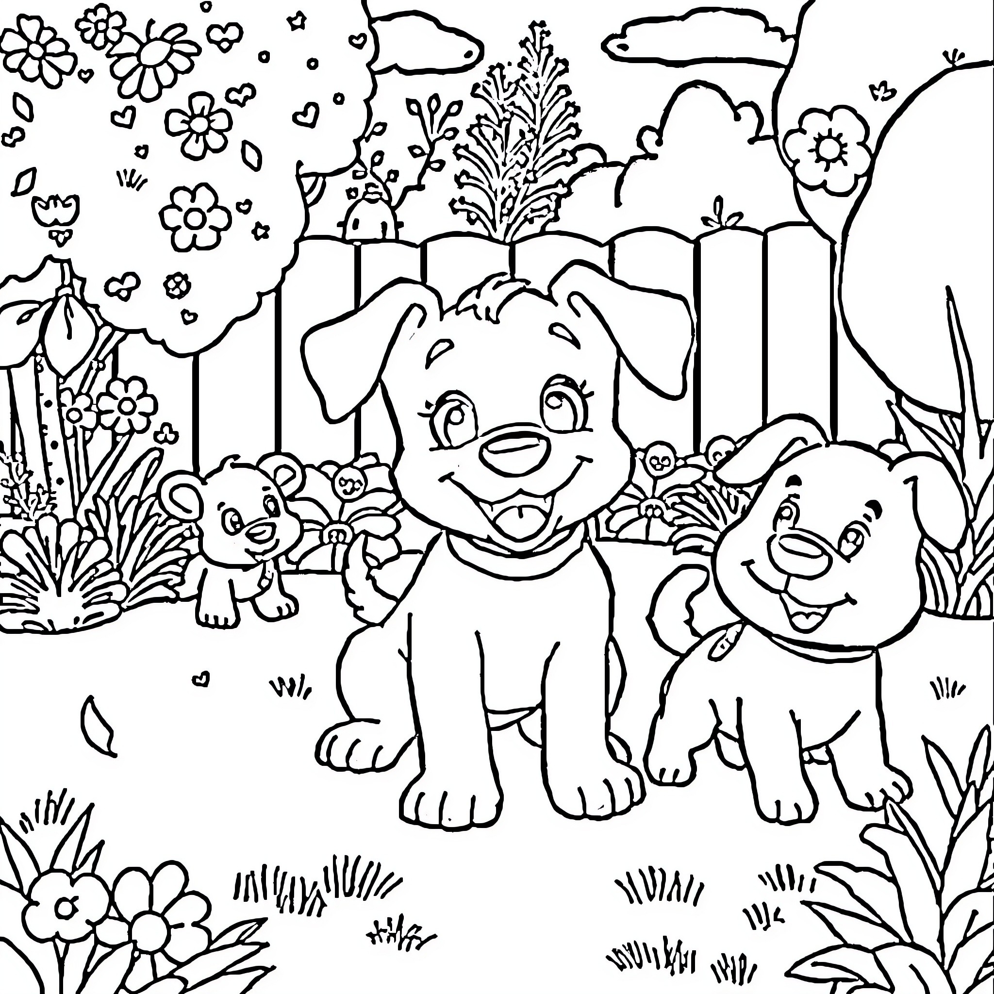Bluey and Friends Explore the Floral Landscape Coloring Page (free black-and-white line drawing printable PDF for all, from beginners to advanced learners, including children, teens, adults, and seniors)