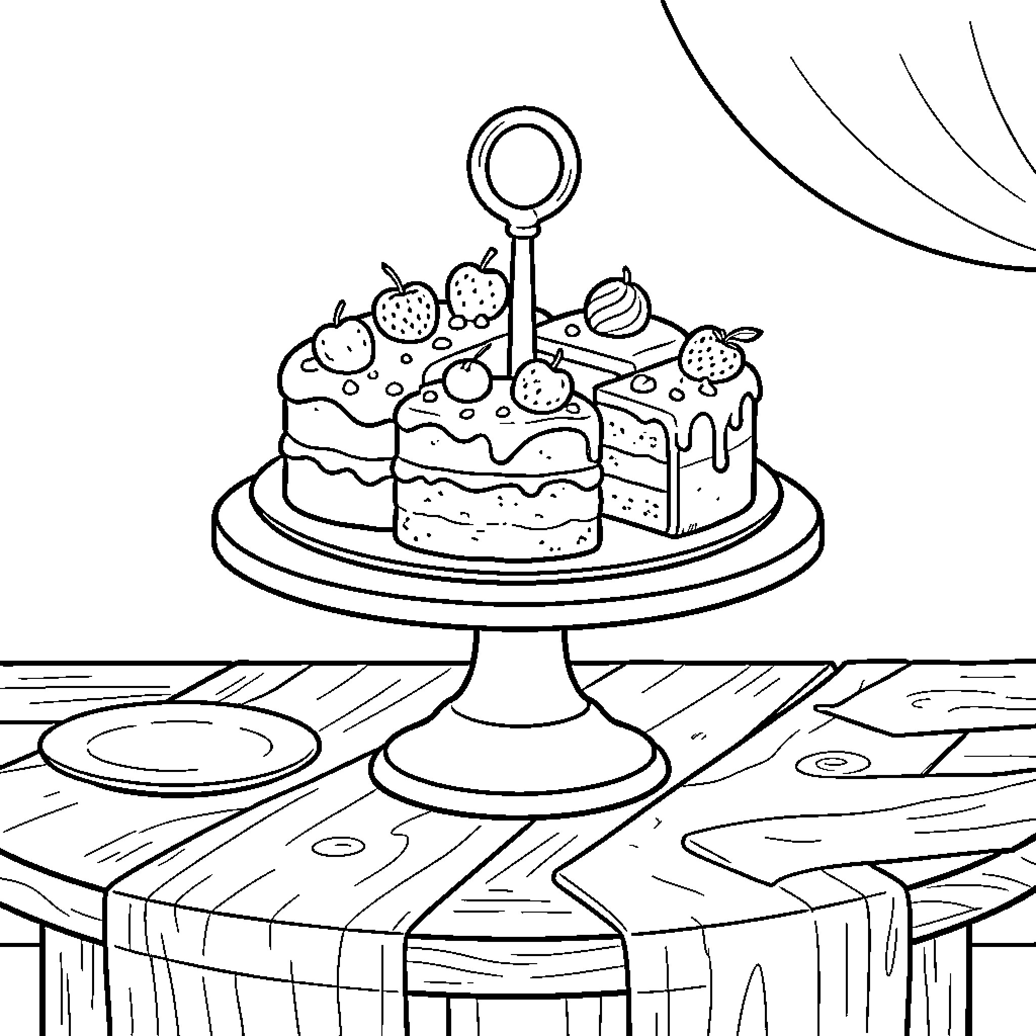 Cake Stand presenting delicious pastries on a wooden table Coloring Page (free black-and-white line drawing printable PDF for all, from beginners to advanced learners, including children, teens, adults, and seniors)