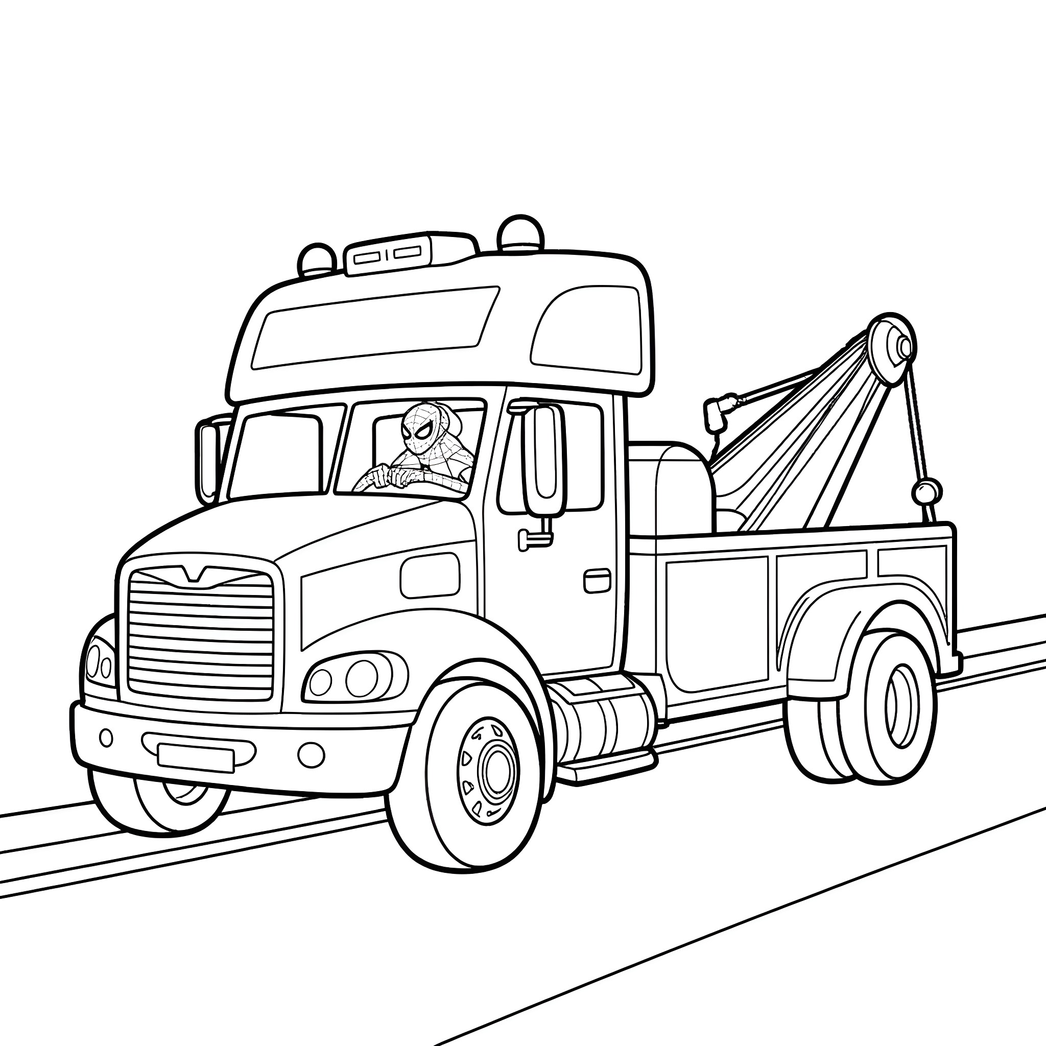 Spiderman riding a tow truck on the road Coloring Page (free black-and-white line drawing printable PDF for all, from beginners to advanced learners, including children, teens, adults, and seniors)