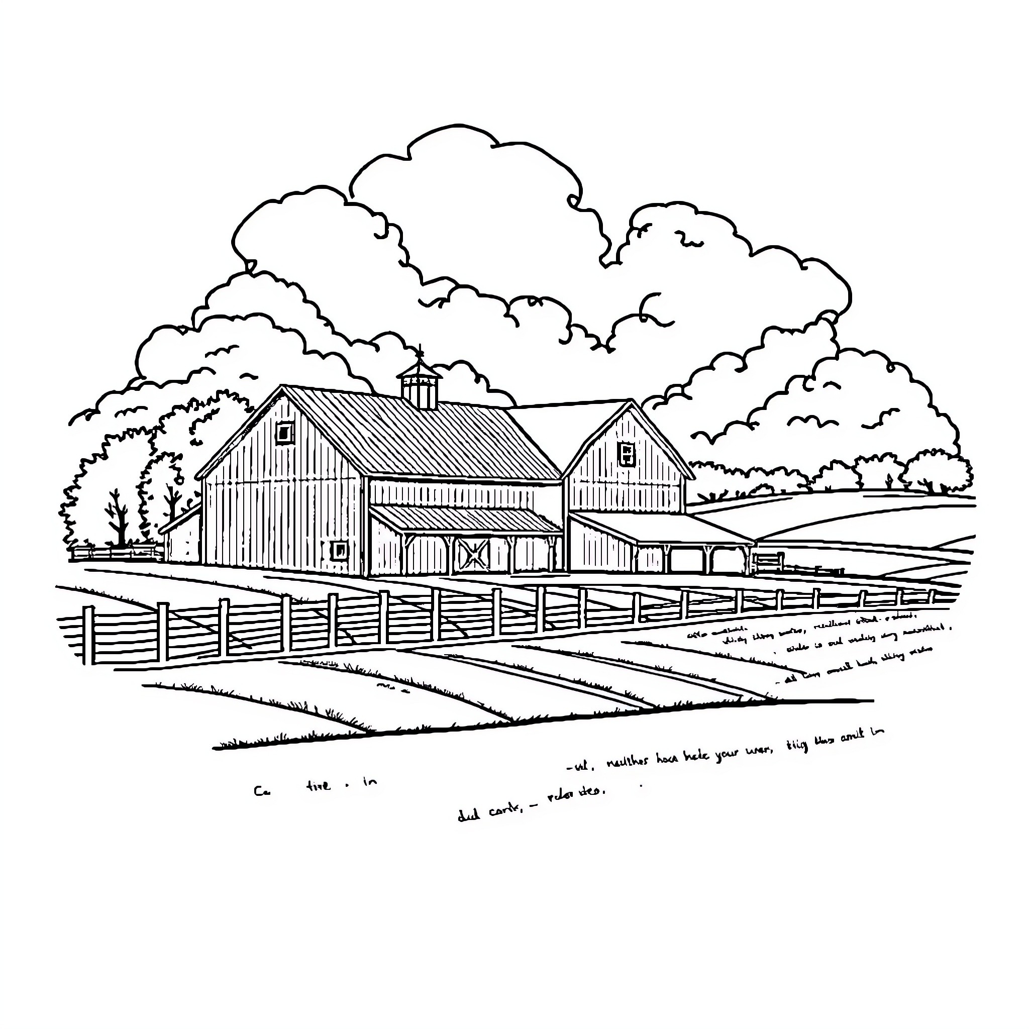 Farm with Rustic Barn and Countryside Landscape Coloring Page (free black-and-white line drawing printable PDF for all, from beginners to advanced learners, including children, teens, adults, and seniors)