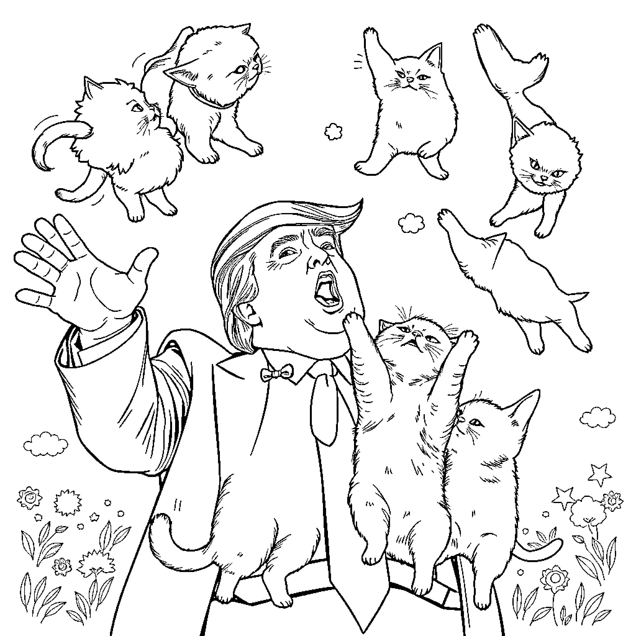 Donald Trump playing with adorable kittens in a whimsical scene Coloring Page (free black-and-white line drawing printable PDF for all, from beginners to advanced learners, including children, teens, adults, and seniors)
