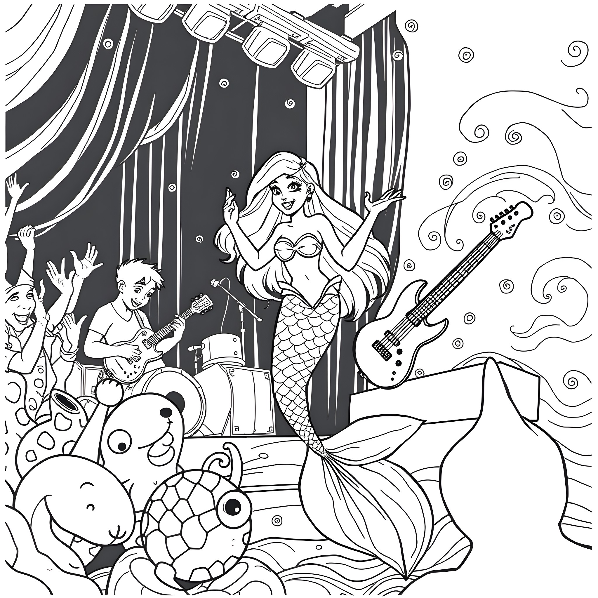 Mermaid performing on stage with musicians Coloring Page (free black-and-white line drawing printable PDF for all, from beginners to advanced learners, including children, teens, adults, and seniors)