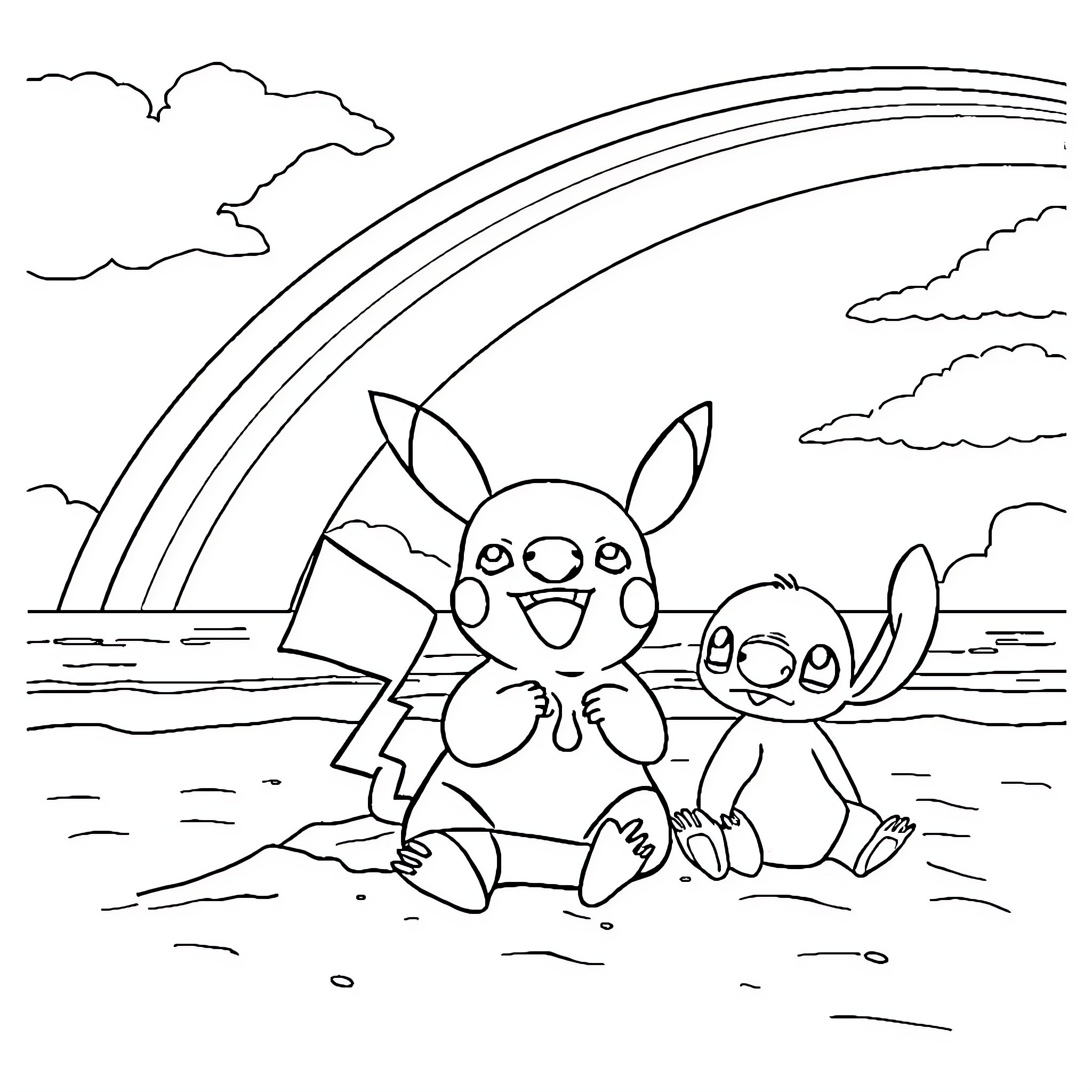 Pikachu and friend playing by the rainbow Coloring Page (free black-and-white line drawing printable PDF for all, from beginners to advanced learners, including children, teens, adults, and seniors)