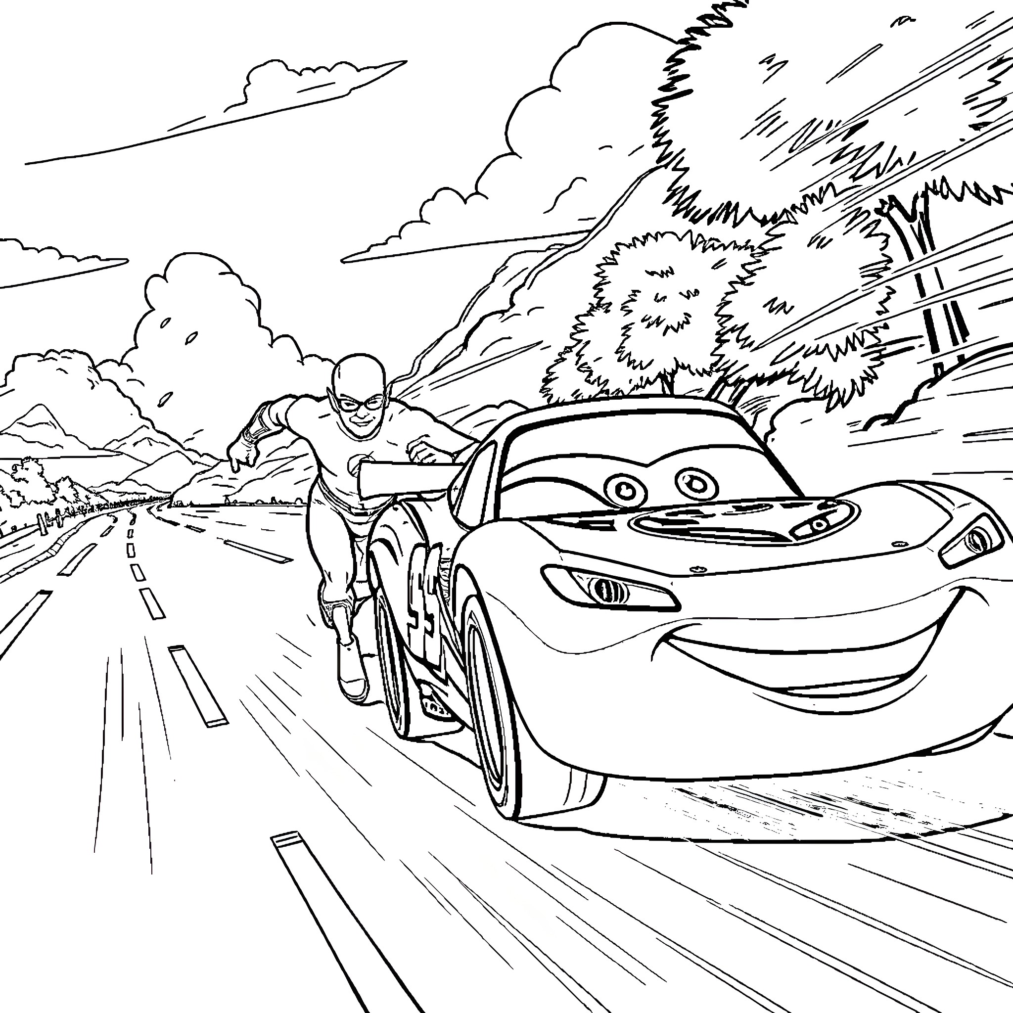 Flash of Lightning Speed Car Chase Coloring Page (free black-and-white line drawing printable PDF for all, from beginners to advanced learners, including children, teens, adults, and seniors)