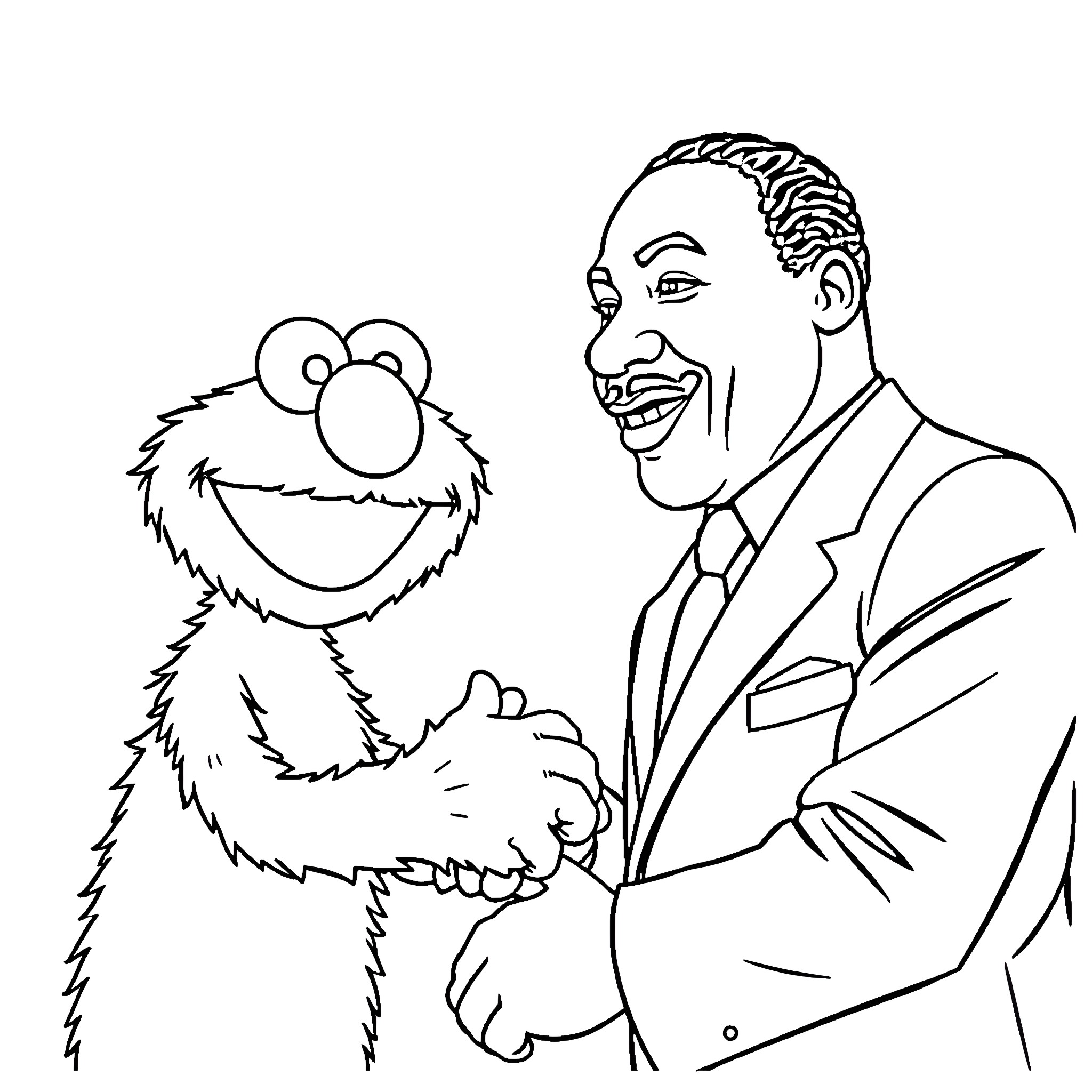 Elmo and smiling business man shaking hands Coloring Page (free black-and-white line drawing printable PDF for all, from beginners to advanced learners, including children, teens, adults, and seniors)