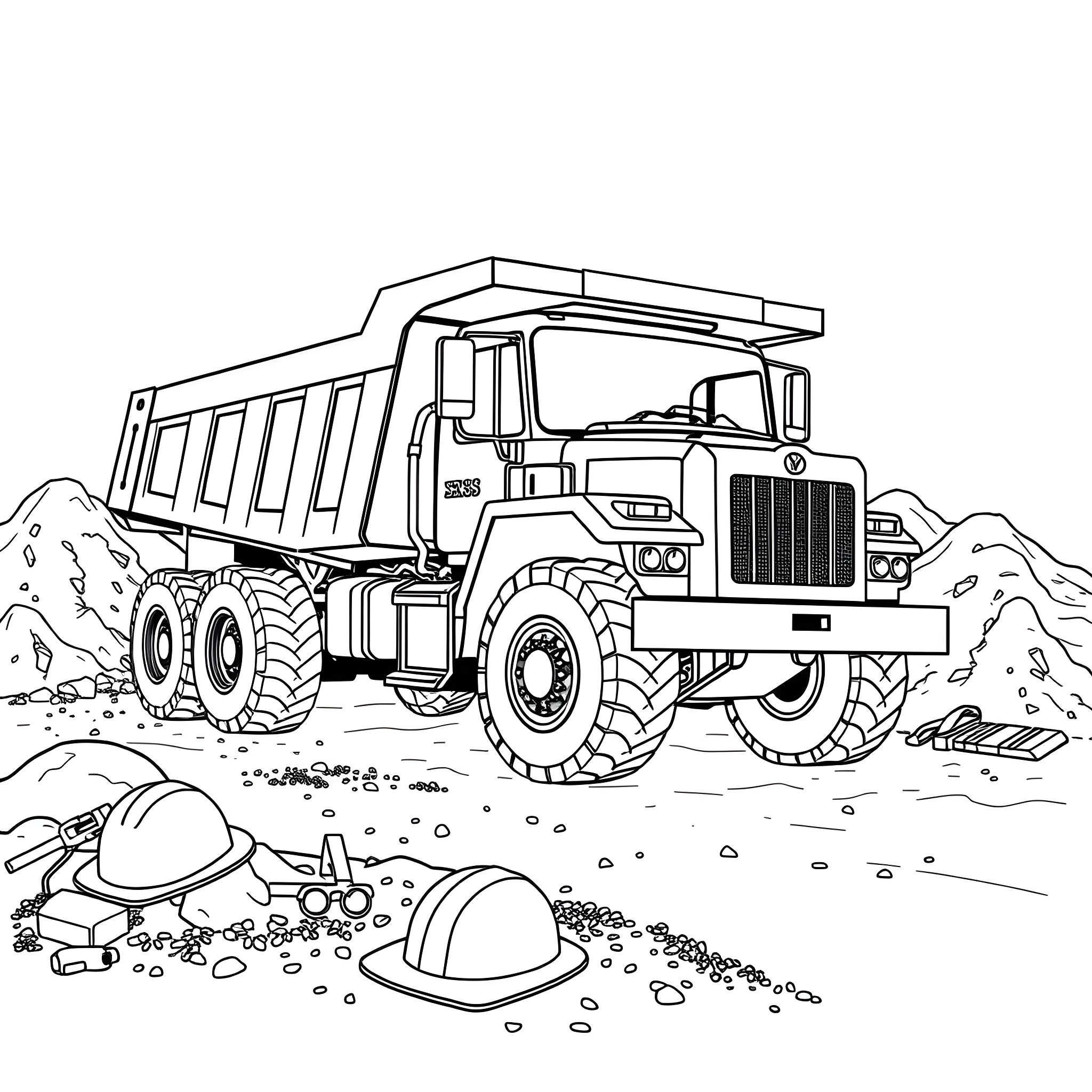 Dump Truck Operating on Construction Site Coloring Page (free black-and-white line drawing printable PDF for all, from beginners to advanced learners, including children, teens, adults, and seniors)