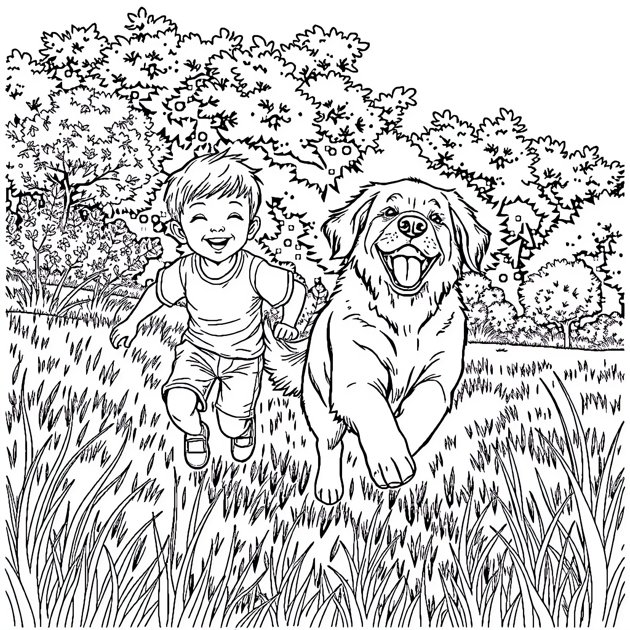 Golden Retriever enjoying an outdoor adventure with a child Coloring Page (free black-and-white line drawing printable PDF for all, from beginners to advanced learners, including children, teens, adults, and seniors)