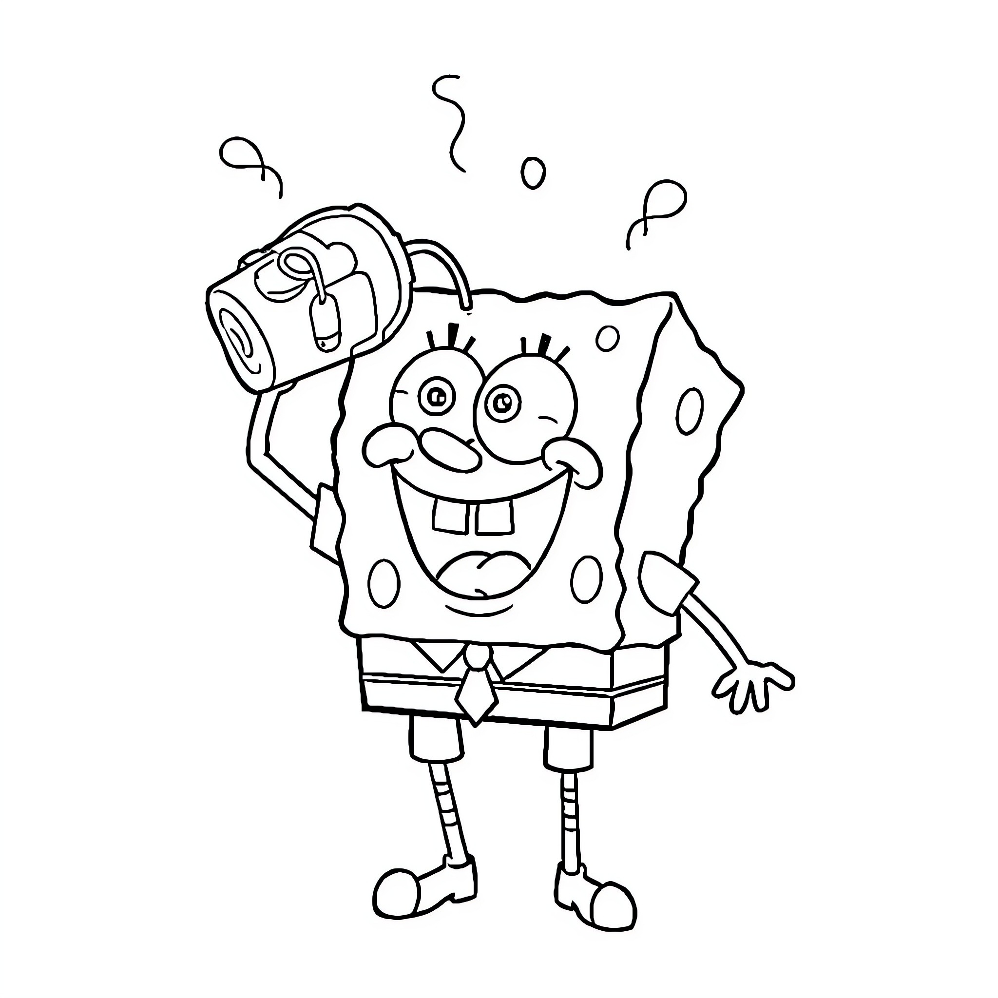 Spongebob holding a device and expressing excitement Coloring Page (free black-and-white line drawing printable PDF for all, from beginners to advanced learners, including children, teens, adults, and seniors)