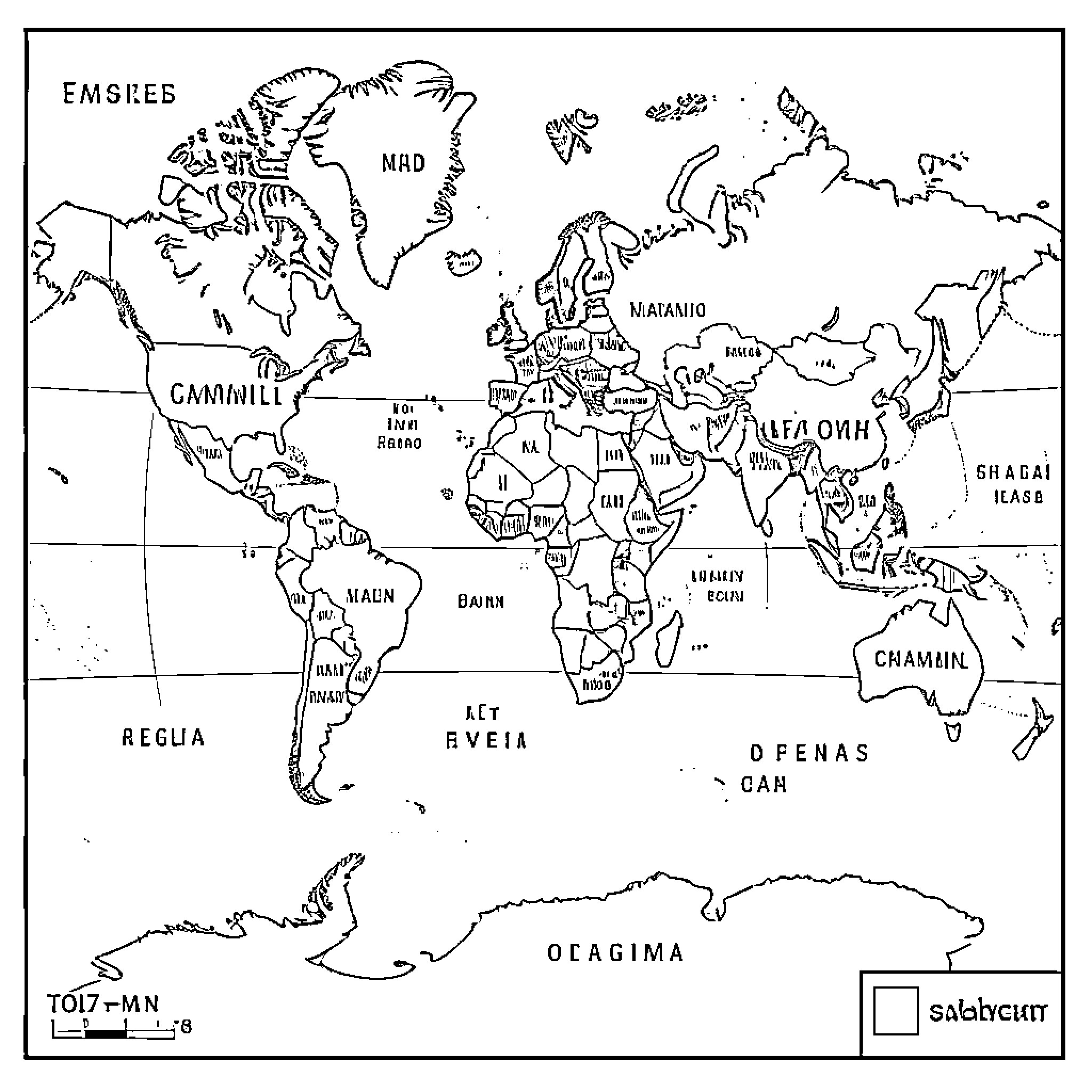 World Map showing various labeled landmasses and regions Coloring Page (free black-and-white line drawing printable PDF for all, from beginners to advanced learners, including children, teens, adults, and seniors)