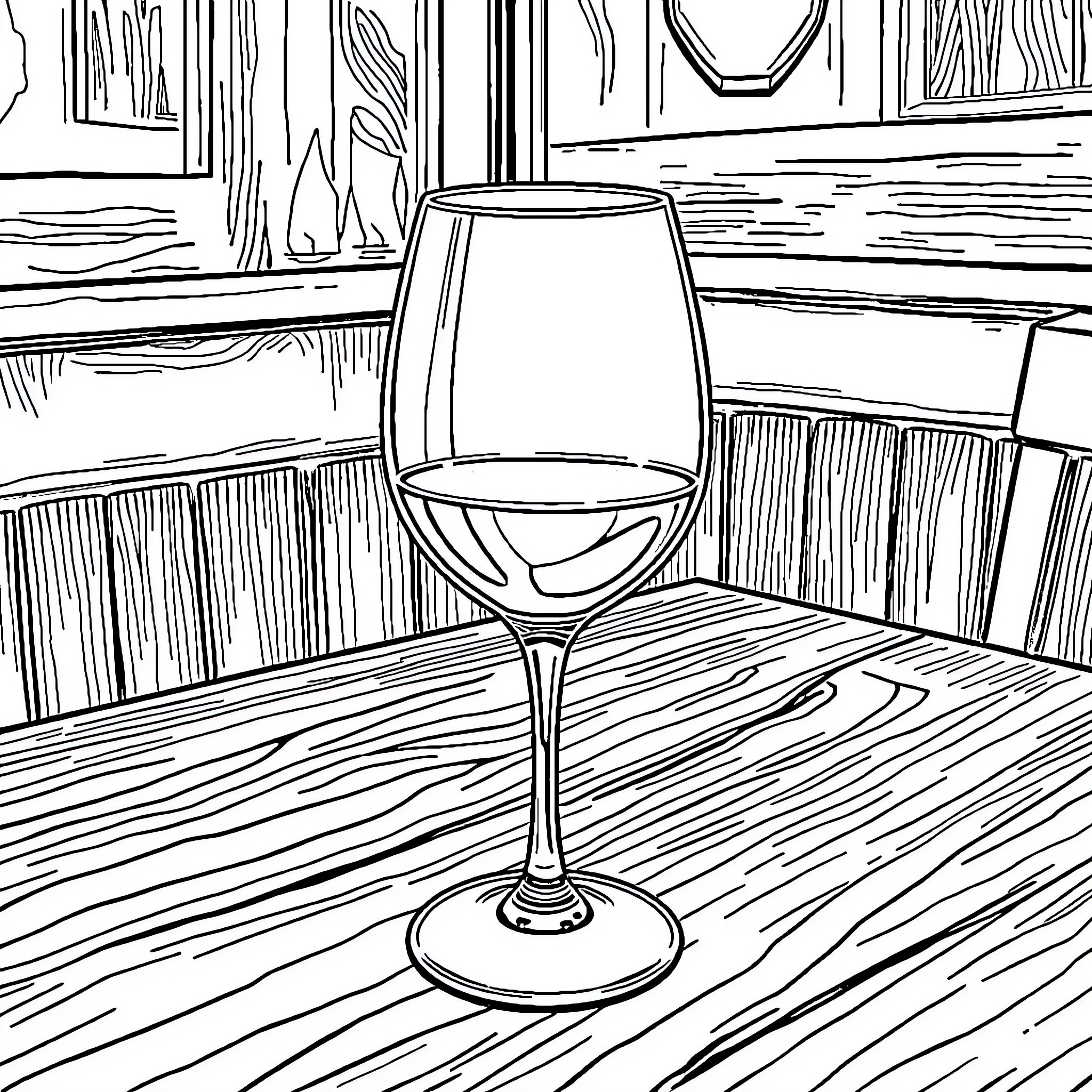 Wine glass on wooden table in bar Coloring Page (free black-and-white line drawing printable PDF for all, from beginners to advanced learners, including children, teens, adults, and seniors)