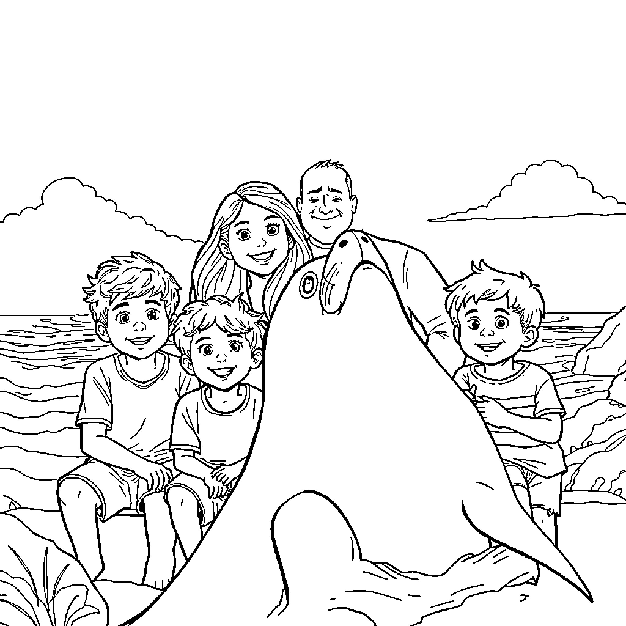 Sea Lion Family Posing on Beach Coloring Page (free black-and-white line drawing printable PDF for all, from beginners to advanced learners, including children, teens, adults, and seniors)