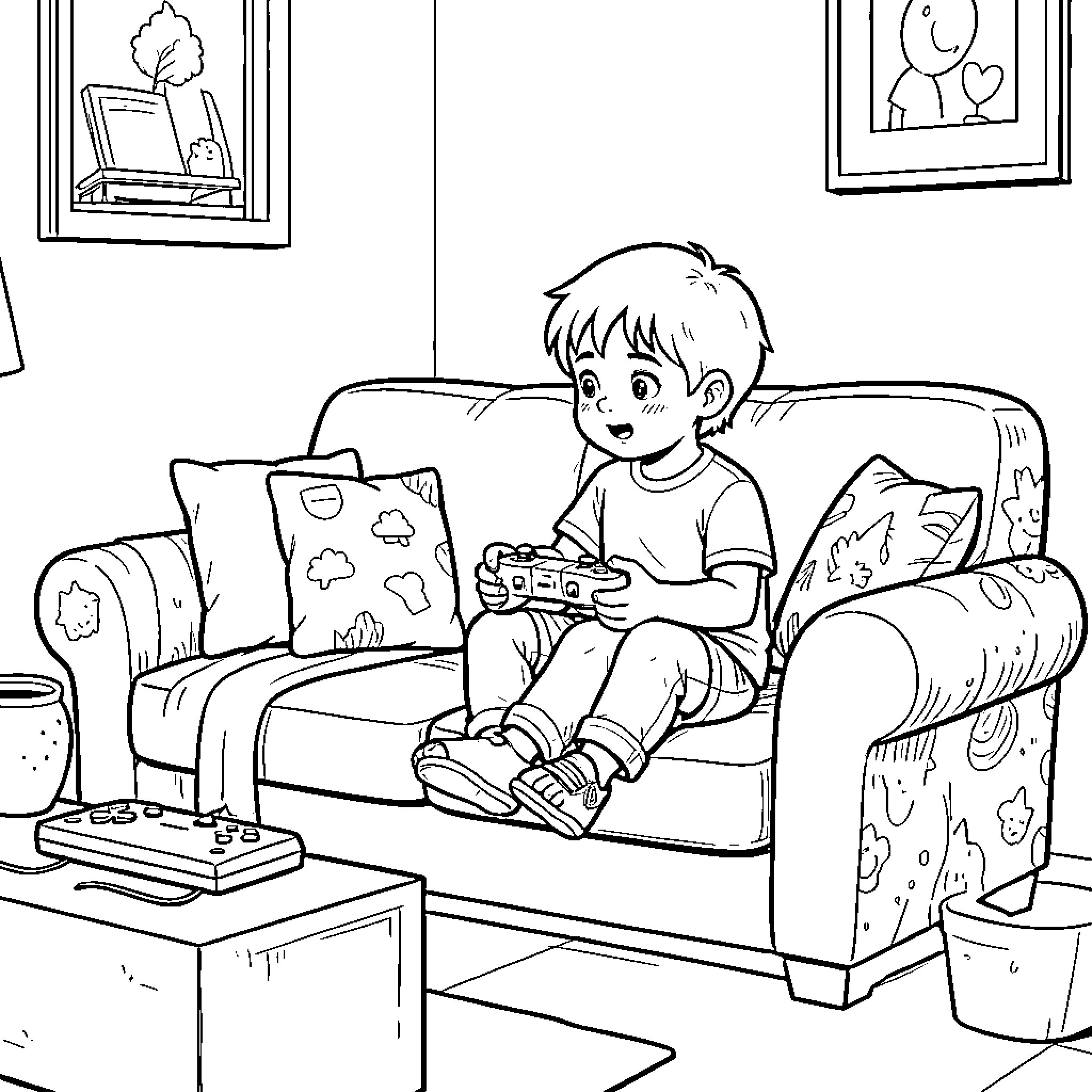 Child sitting on a sofa playing video games Coloring Page (free black-and-white line drawing printable PDF for all, from beginners to advanced learners, including children, teens, adults, and seniors)