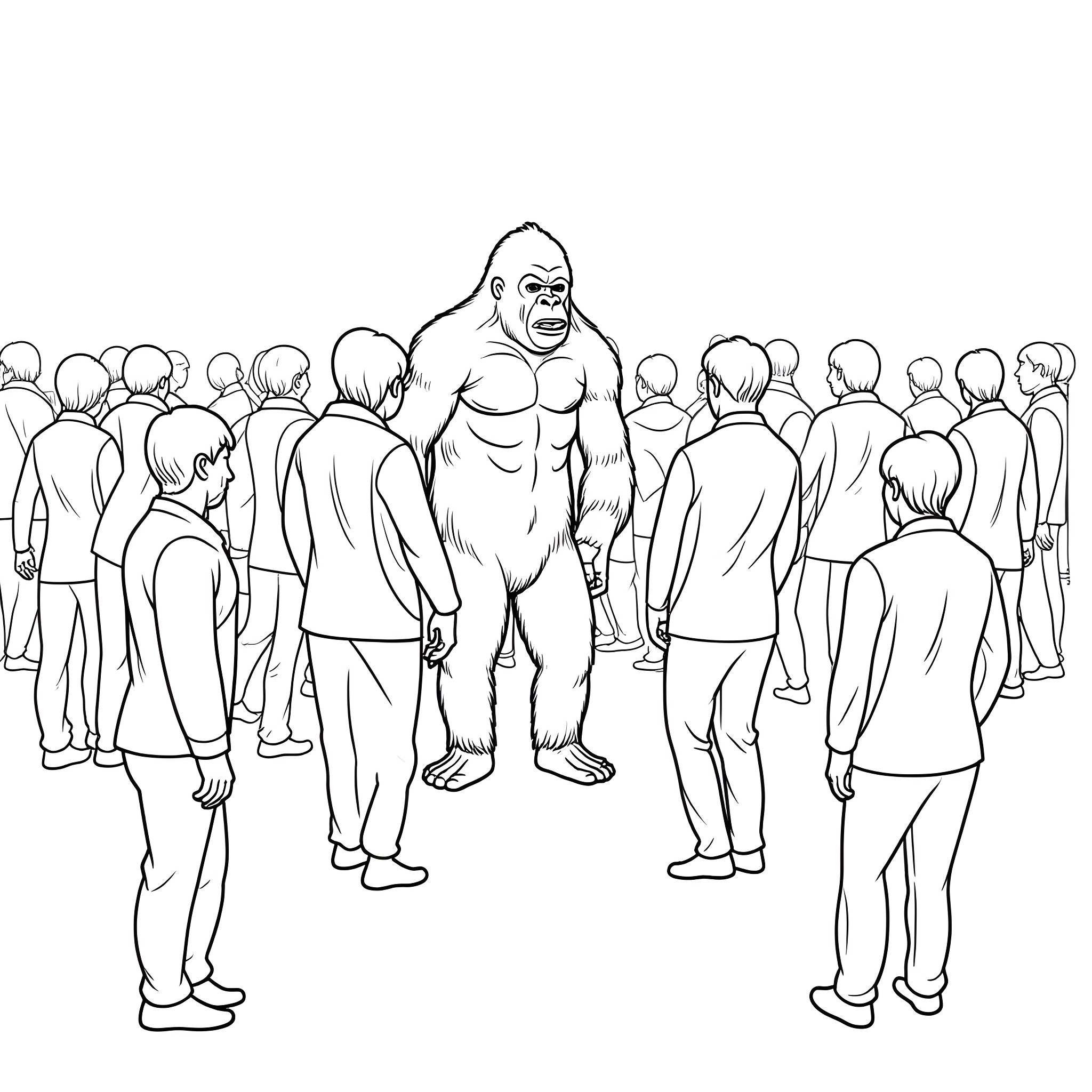 Gorilla surrounded by a crowd of people Coloring Page (free black-and-white line drawing printable PDF for all, from beginners to advanced learners, including children, teens, adults, and seniors)