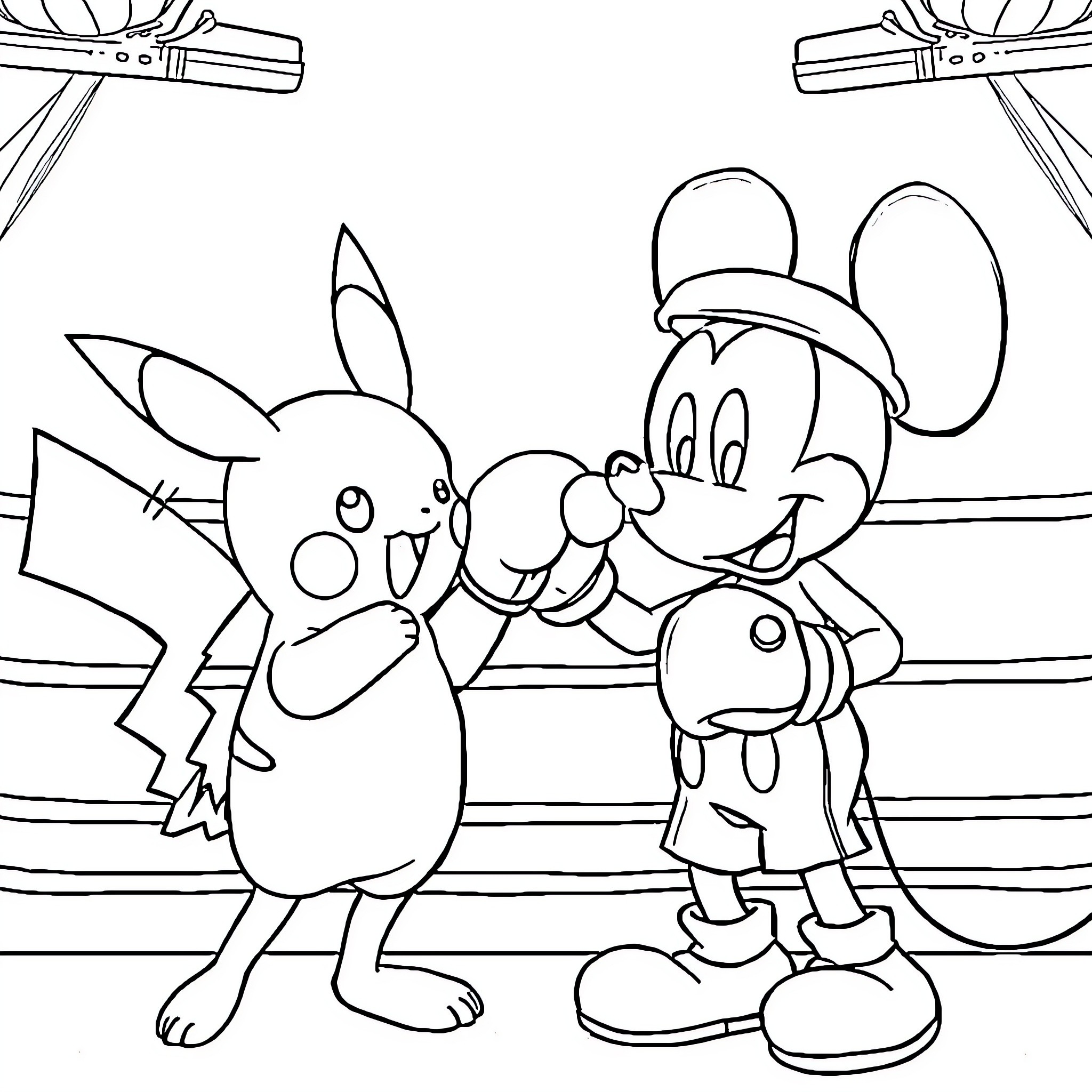 Pikachu and Mickey Mouse having an adventure together Coloring Page (free black-and-white line drawing printable PDF for all, from beginners to advanced learners, including children, teens, adults, and seniors)