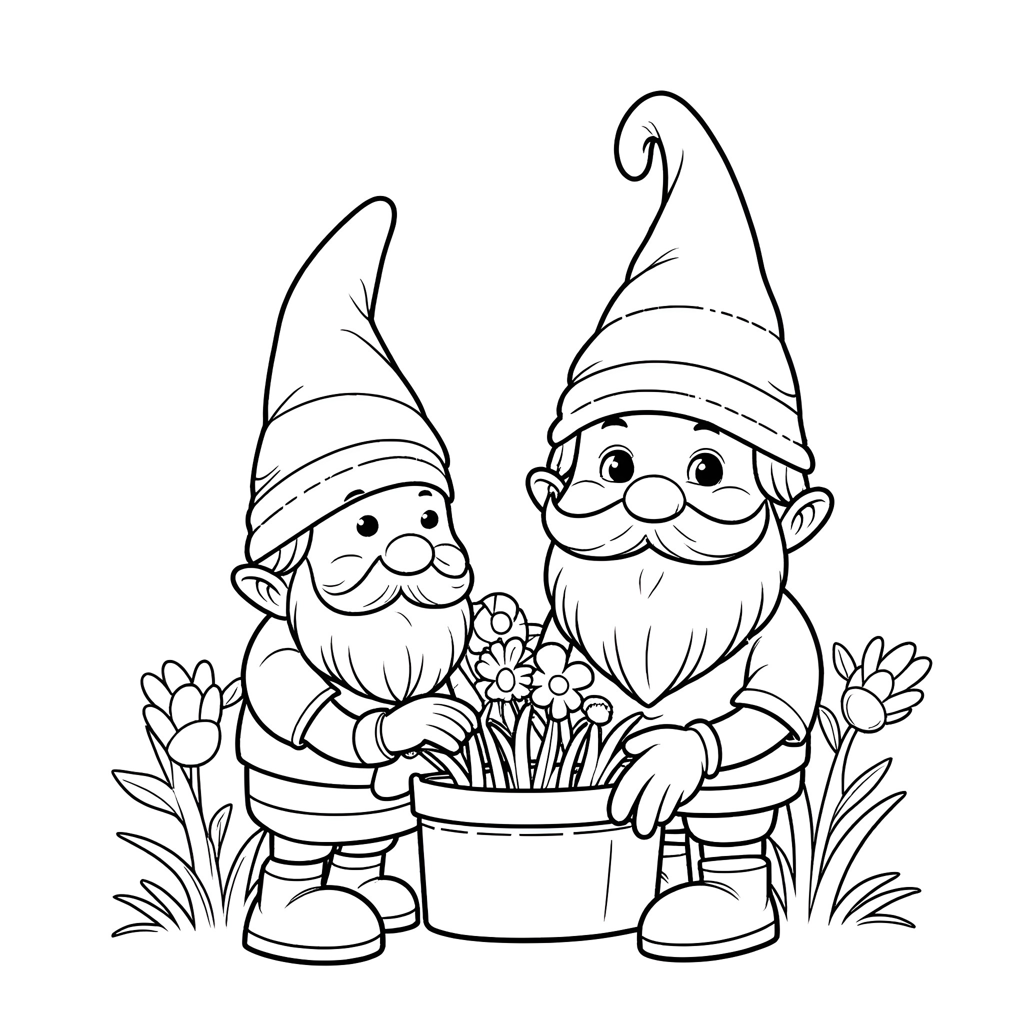 Garden Gnomes Tending to Potted Flowers Coloring Page (free black-and-white line drawing printable PDF for all, from beginners to advanced learners, including children, teens, adults, and seniors)
