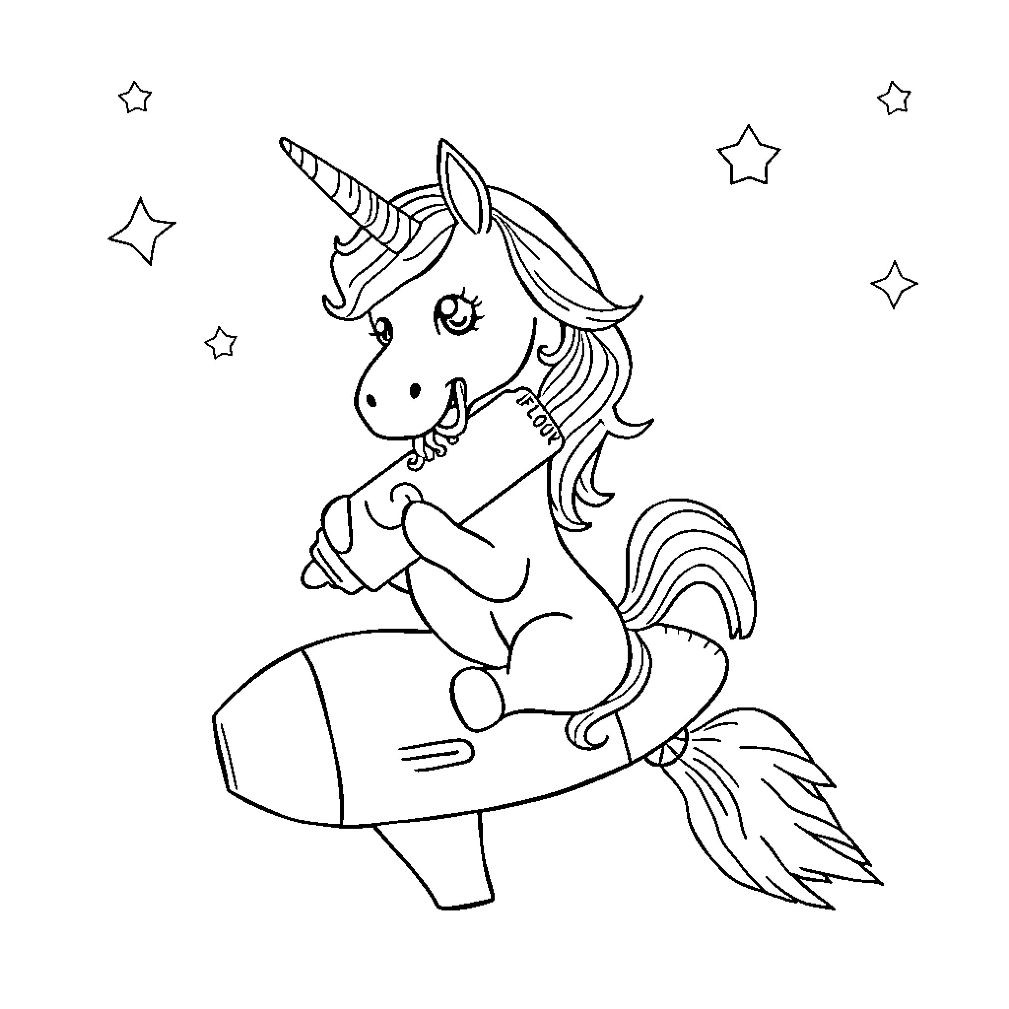 Unicorn riding a rocket in a starry sky Coloring Page (free black-and-white line drawing printable PDF for all, from beginners to advanced learners, including children, teens, adults, and seniors)
