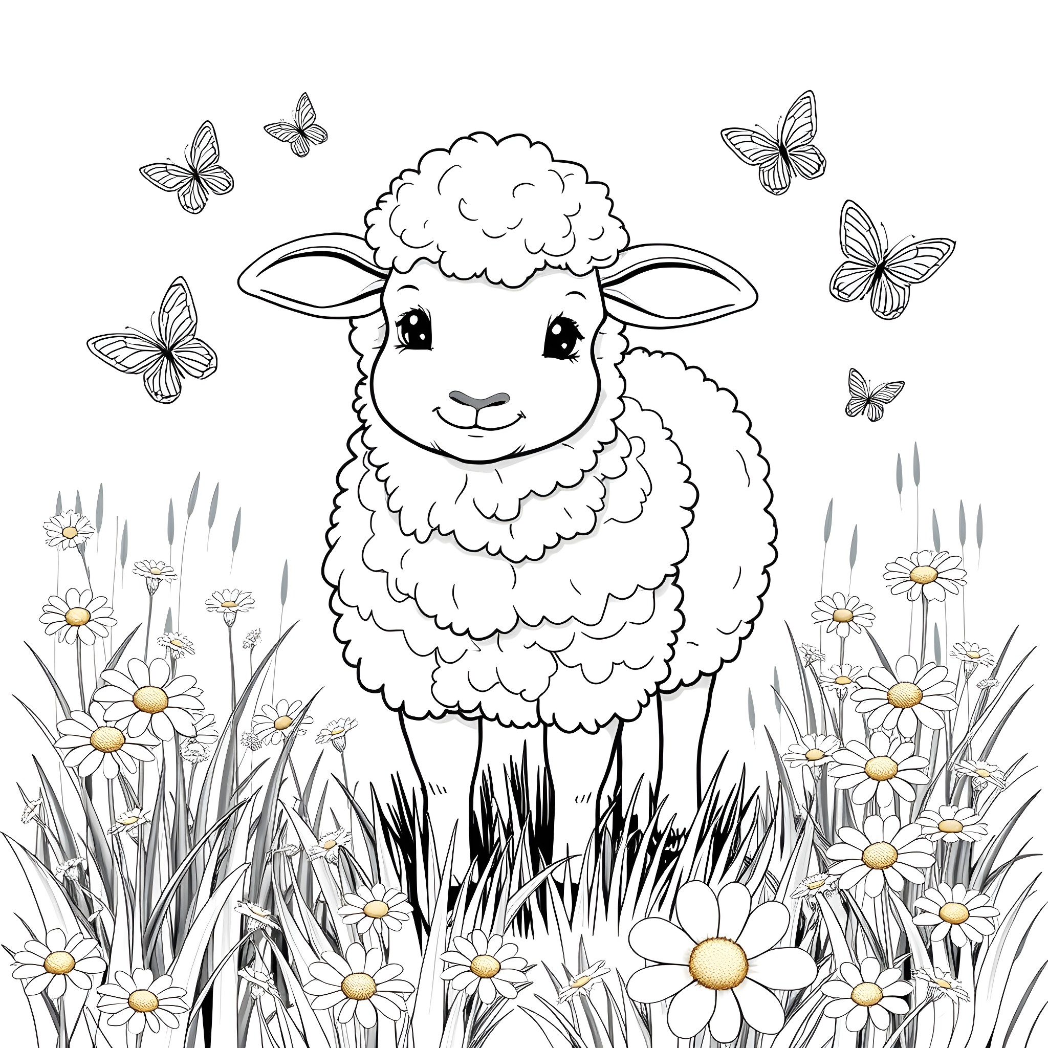 Sheep surrounded by butterflies and flowers in a meadow Coloring Page (free black-and-white line drawing printable PDF for all, from beginners to advanced learners, including children, teens, adults, and seniors)