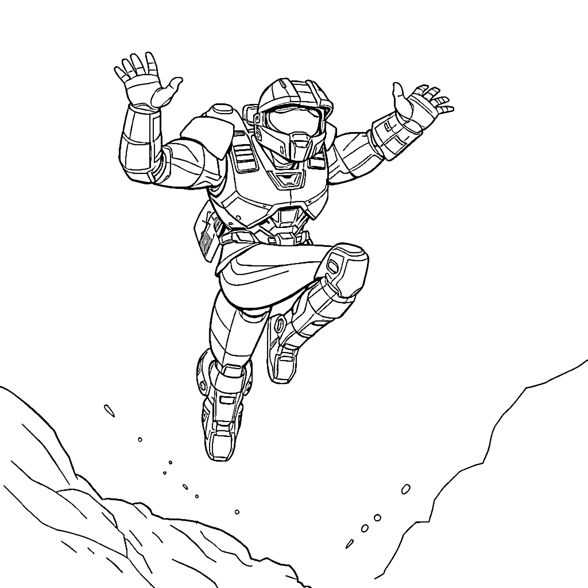 Master Chief Jumping into Action Coloring Page (free black-and-white line drawing printable PDF for all, from beginners to advanced learners, including children, teens, adults, and seniors)