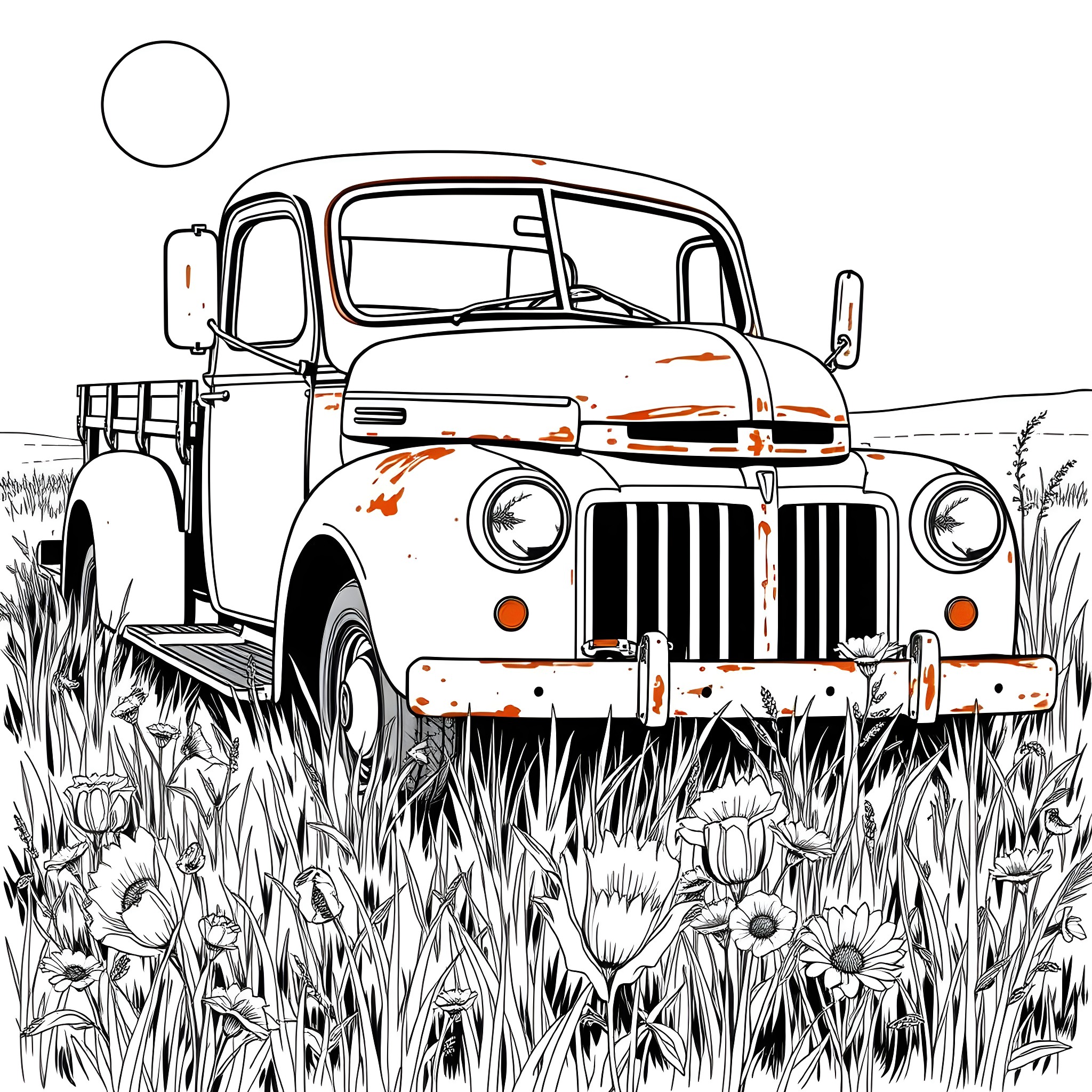 Truck parked in a field of flowers Coloring Page (free black-and-white line drawing printable PDF for all, from beginners to advanced learners, including children, teens, adults, and seniors)