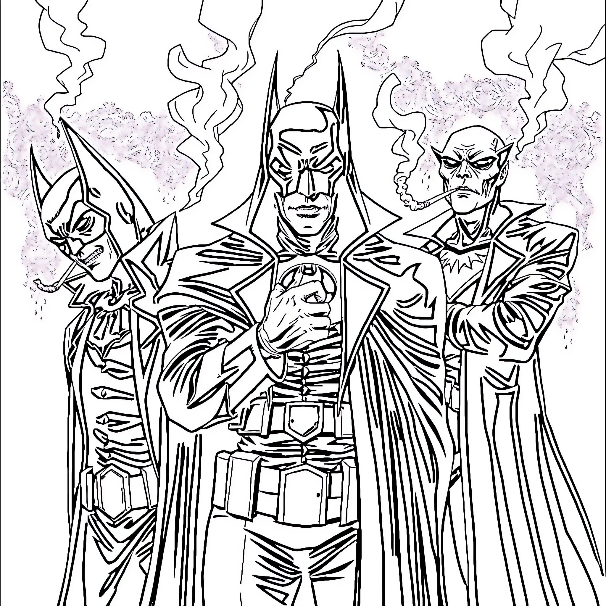 Batman Villain Trio in Dramatic Pose Coloring Page (free black-and-white line drawing printable PDF for all, from beginners to advanced learners, including children, teens, adults, and seniors)
