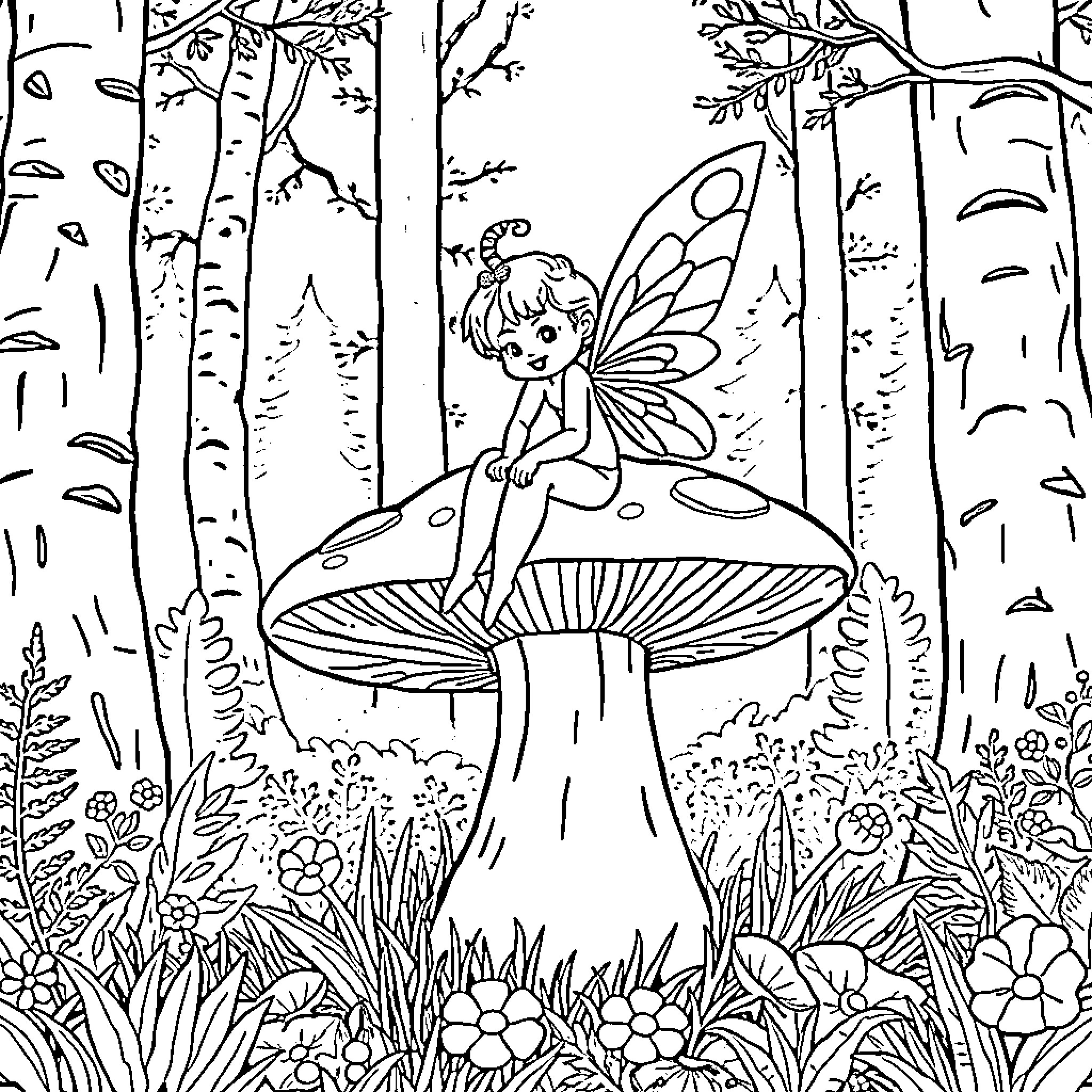 Fairy sitting on a mushroom in a forest Coloring Page (free black-and-white line drawing printable PDF for all, from beginners to advanced learners, including children, teens, adults, and seniors)