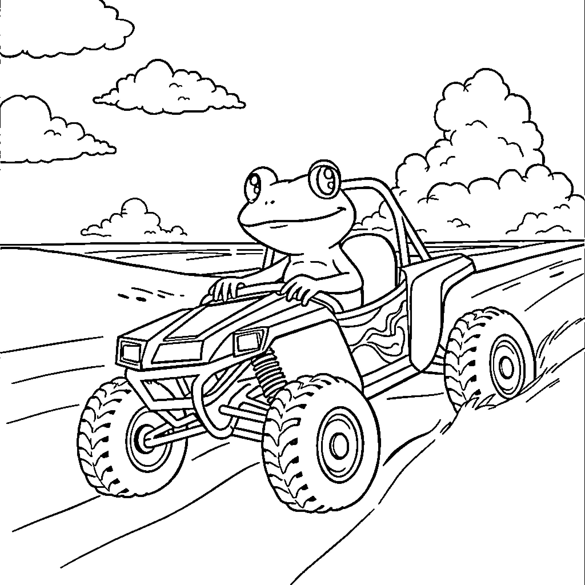 Frog driving a monster truck on the road Coloring Page (free black-and-white line drawing printable PDF for all, from beginners to advanced learners, including children, teens, adults, and seniors)