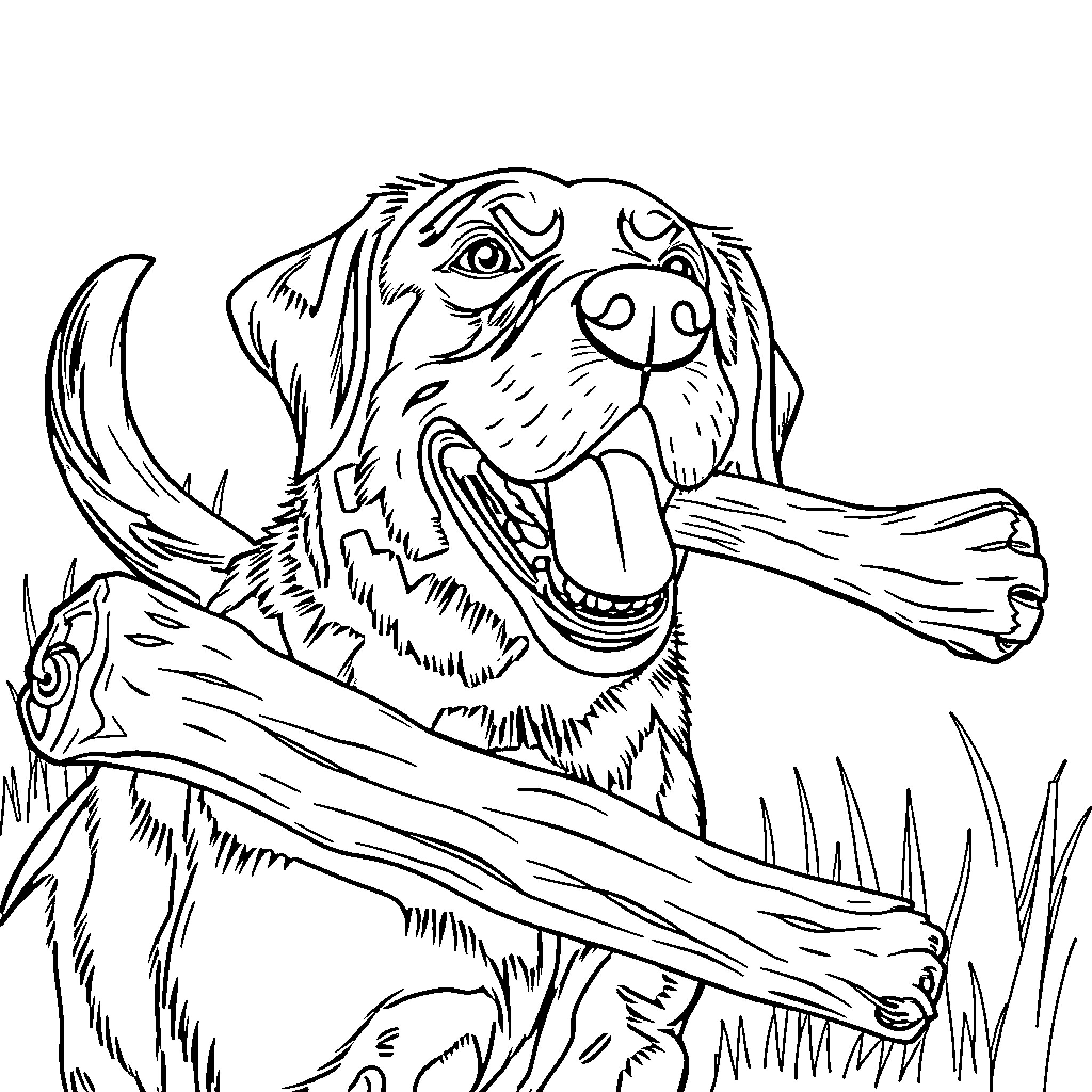 Dog Chasing Stick in Grassy Field Coloring Page (free black-and-white line drawing printable PDF for all, from beginners to advanced learners, including children, teens, adults, and seniors)