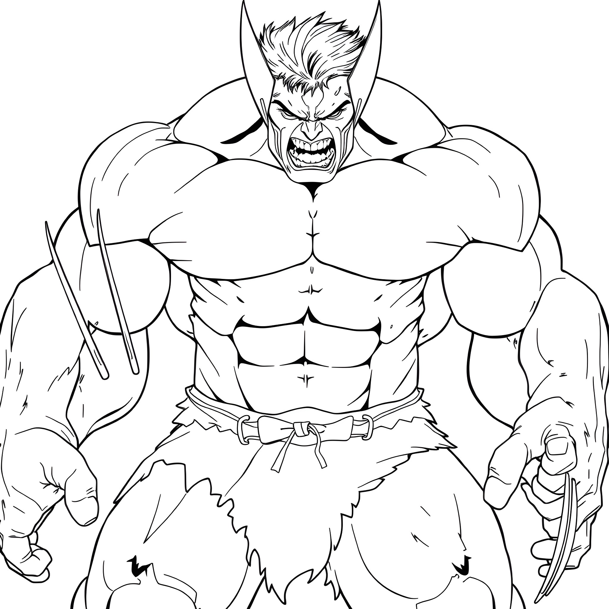 Hulk Muscular Warrior in Fierce Pose Coloring Page (free black-and-white line drawing printable PDF for all, from beginners to advanced learners, including children, teens, adults, and seniors)