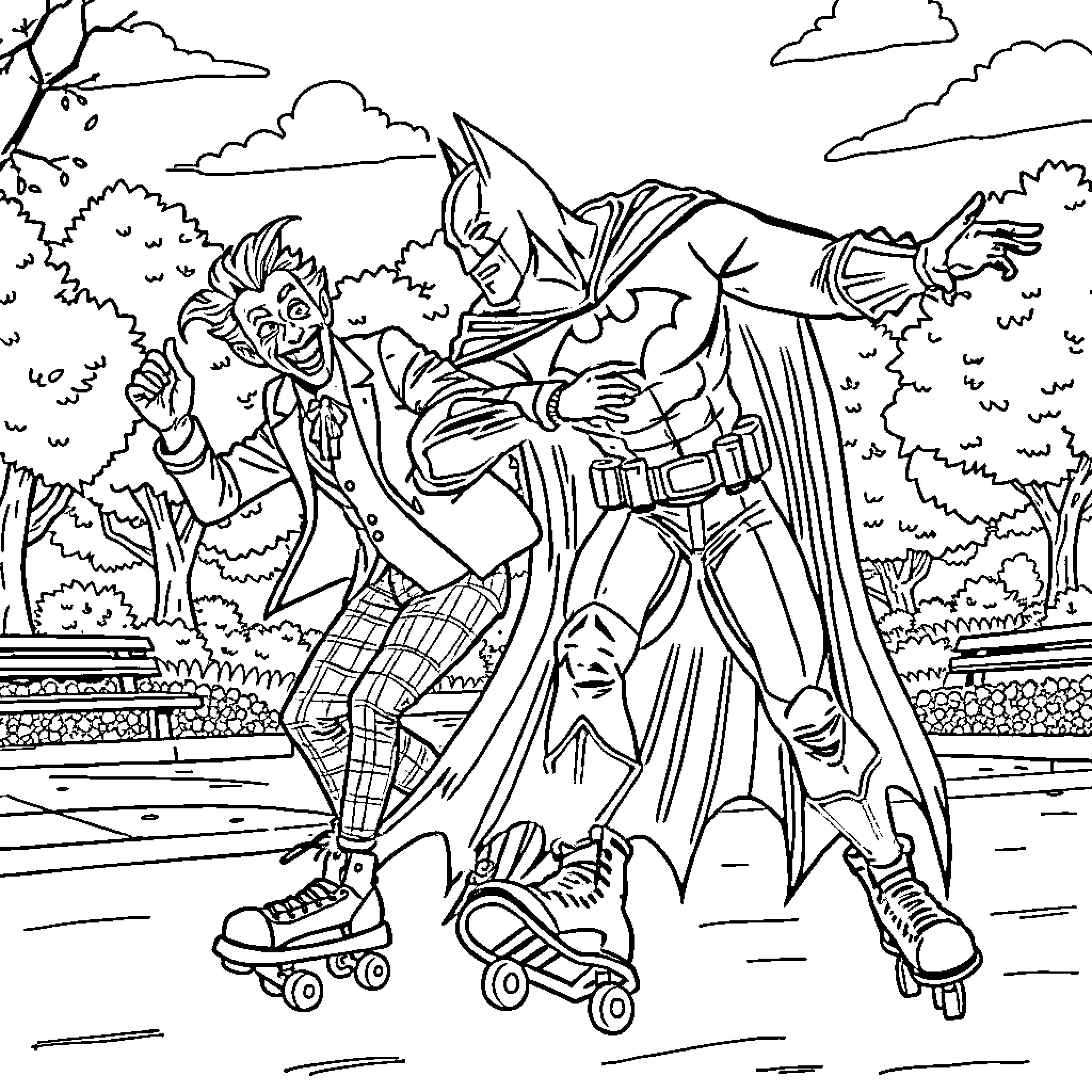 Batman roller-skating confronting a villain Coloring Page (free black-and-white line drawing printable PDF for all, from beginners to advanced learners, including children, teens, adults, and seniors)