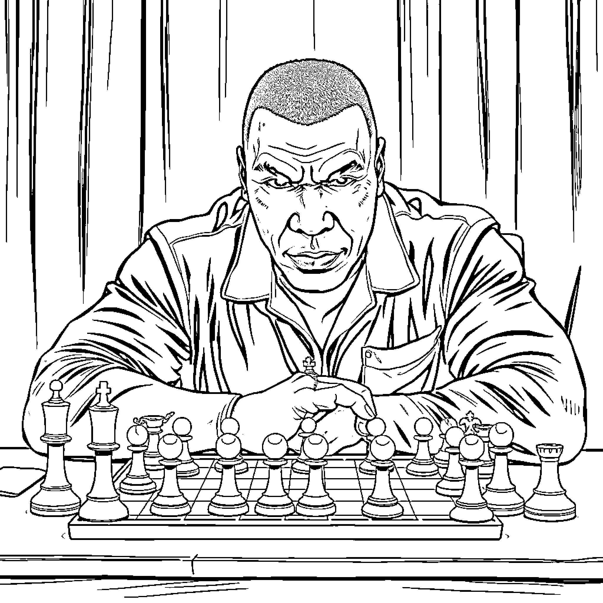 Mike Tyson Playing Chess with Intensity Coloring Page (free black-and-white line drawing printable PDF for all, from beginners to advanced learners, including children, teens, adults, and seniors)