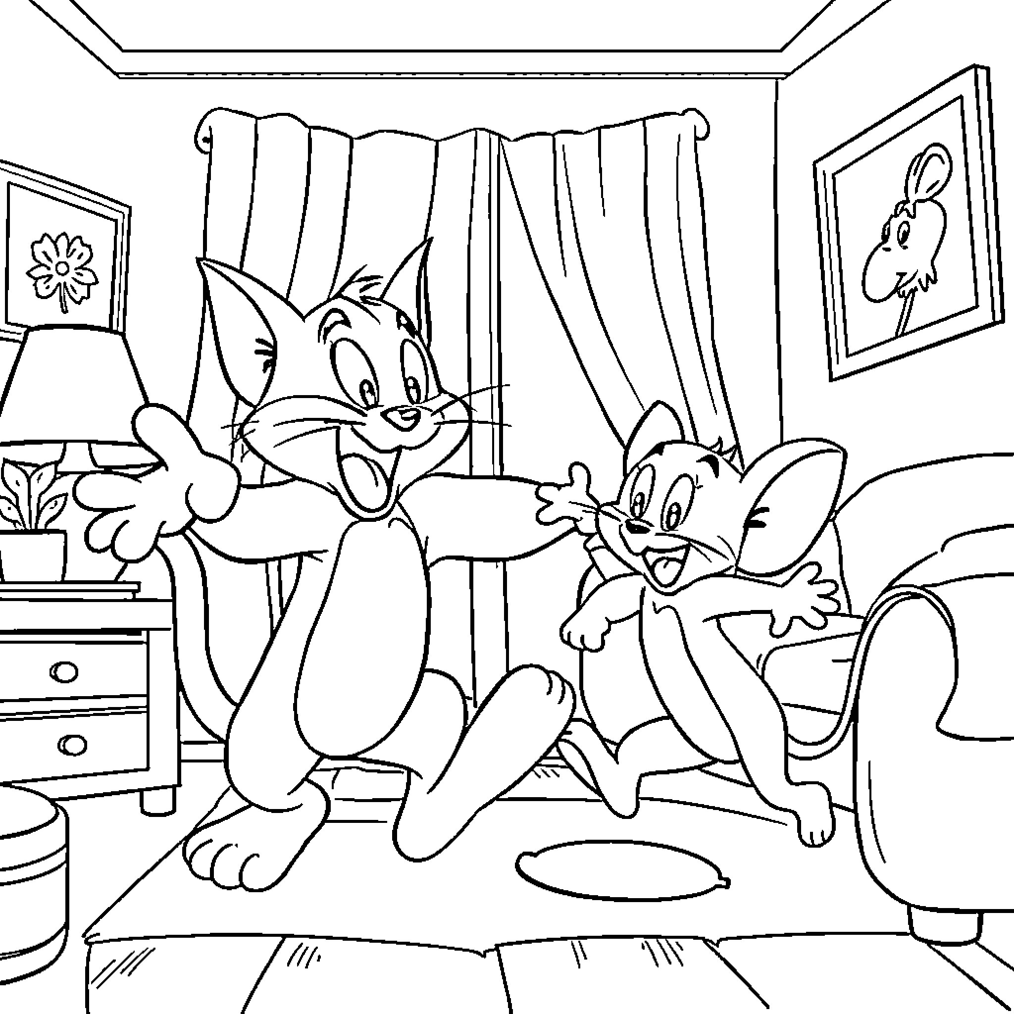Tom and Jerry's Playful Antics in the Room Coloring Page (free black-and-white line drawing printable PDF for all, from beginners to advanced learners, including children, teens, adults, and seniors)