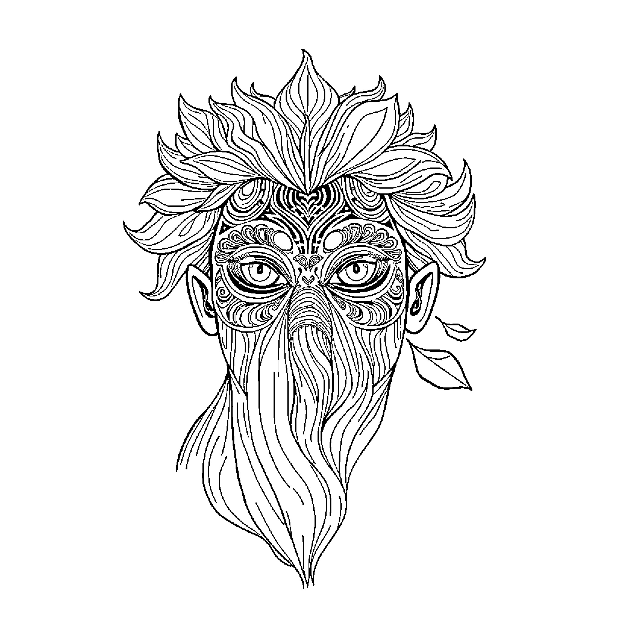 Graphology of mystical face with intricate floral elements Coloring Page (free black-and-white line drawing printable PDF for all, from beginners to advanced learners, including children, teens, adults, and seniors)