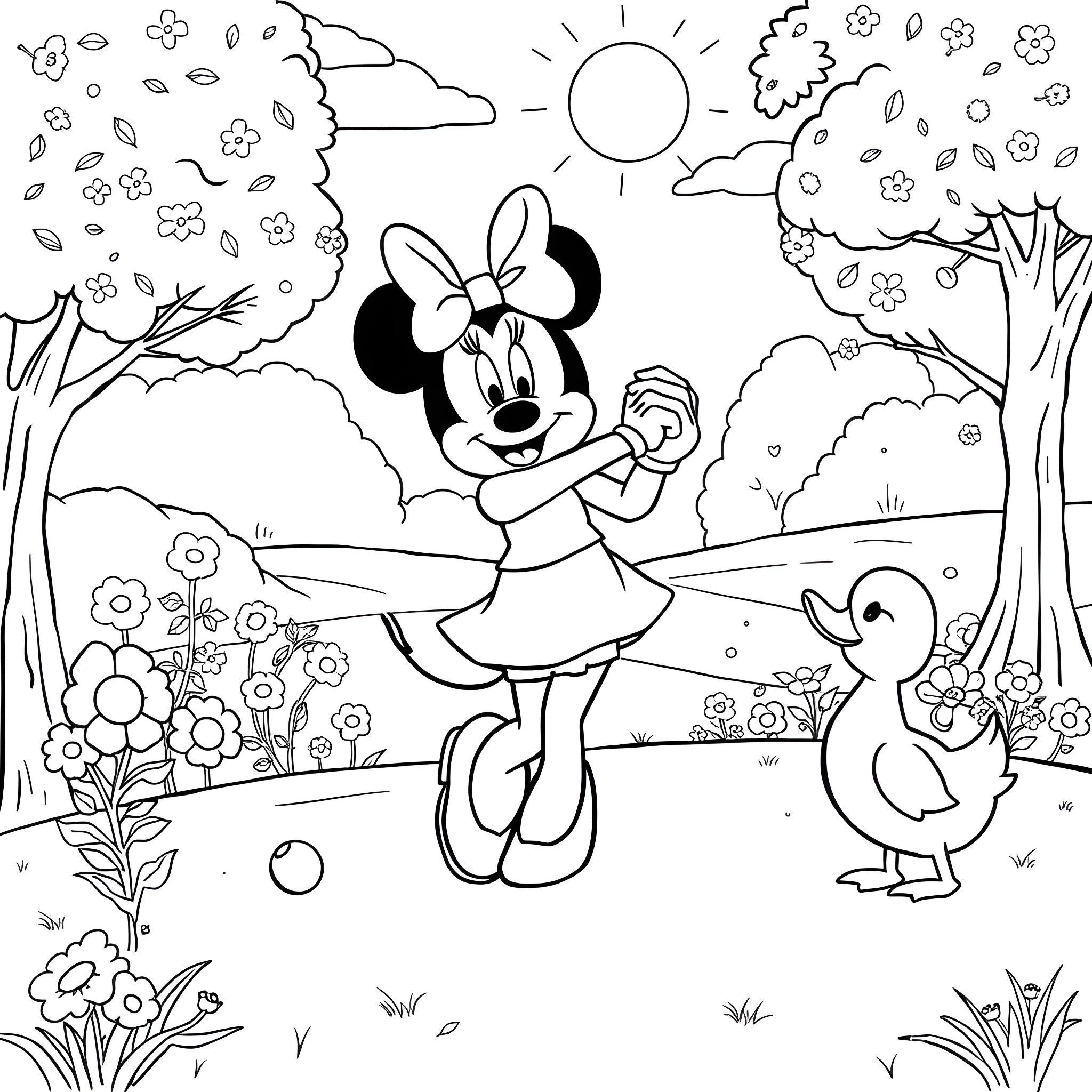 Minnie Mouse enjoying a sunny day with her animal friends Coloring Page (free black-and-white line drawing printable PDF for all, from beginners to advanced learners, including children, teens, adults, and seniors)