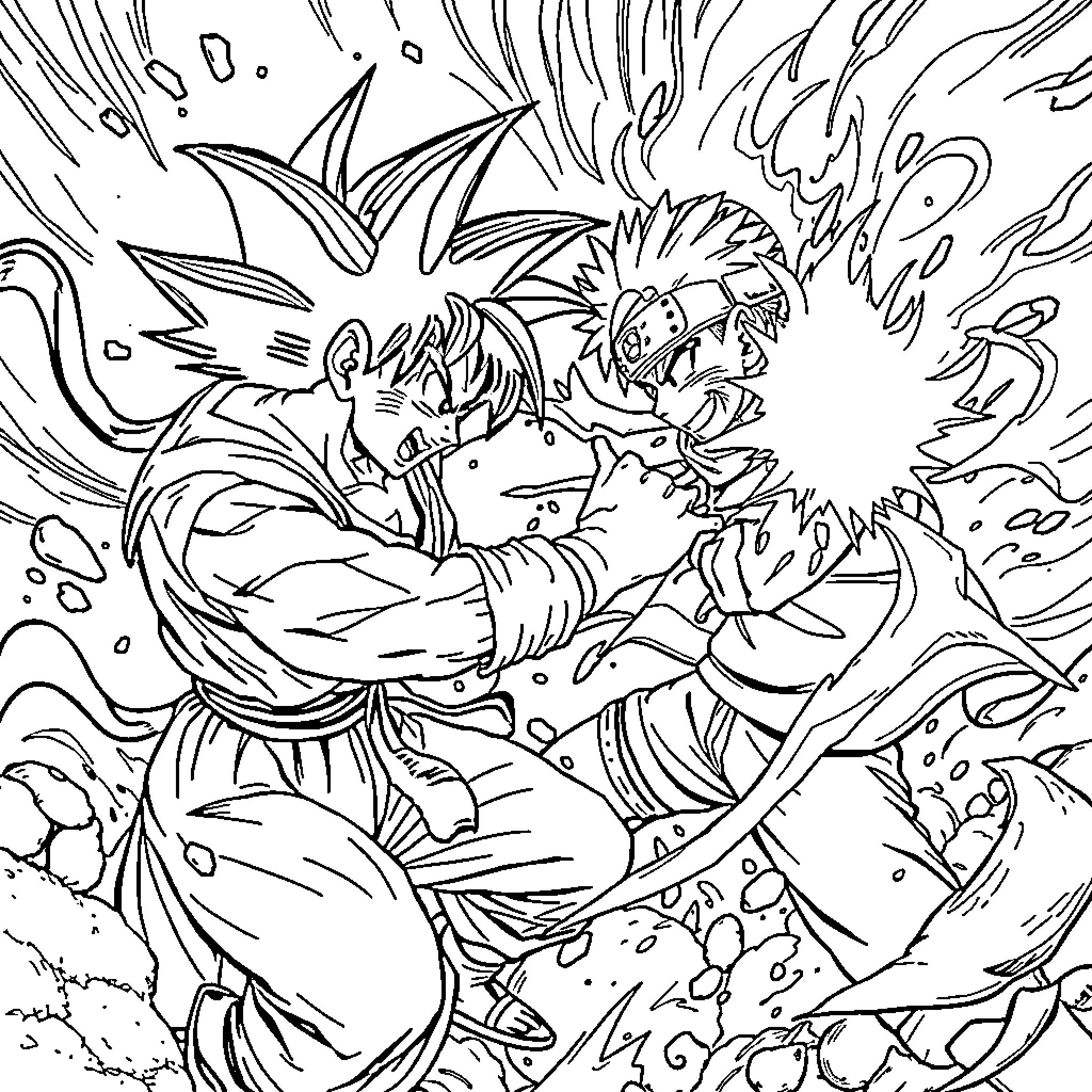 Goku in an intense battle with fiery energy Coloring Page (free black-and-white line drawing printable PDF for all, from beginners to advanced learners, including children, teens, adults, and seniors)