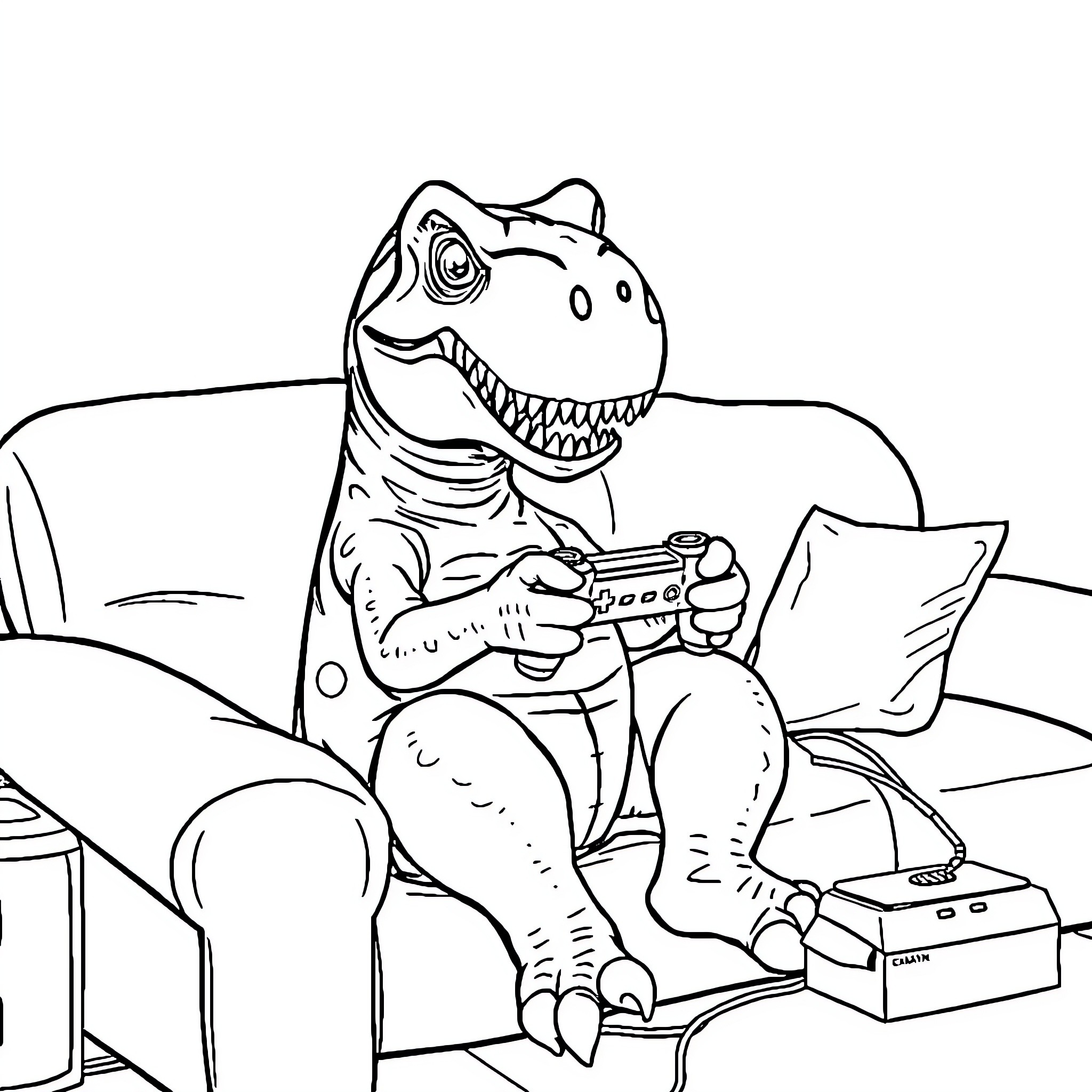 T-Rex playing video games on the couch Coloring Page (free black-and-white line drawing printable PDF for all, from beginners to advanced learners, including children, teens, adults, and seniors)