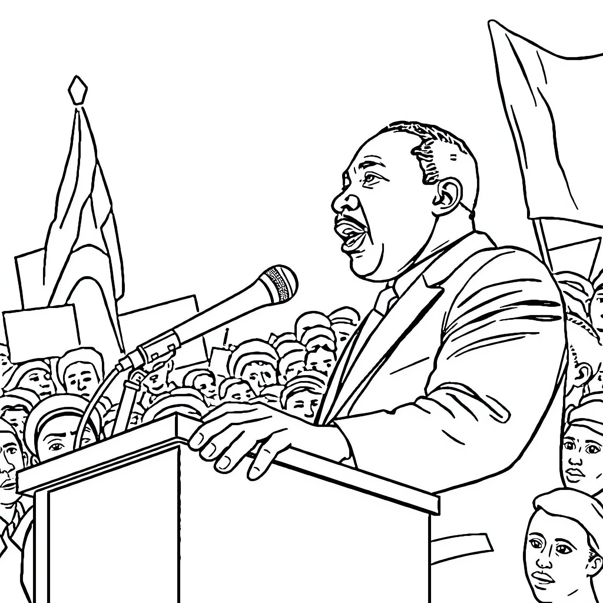 Martin Luther King Delivering Powerful Speech to Crowd Coloring Page (free black-and-white line drawing printable PDF for all, from beginners to advanced learners, including children, teens, adults, and seniors)