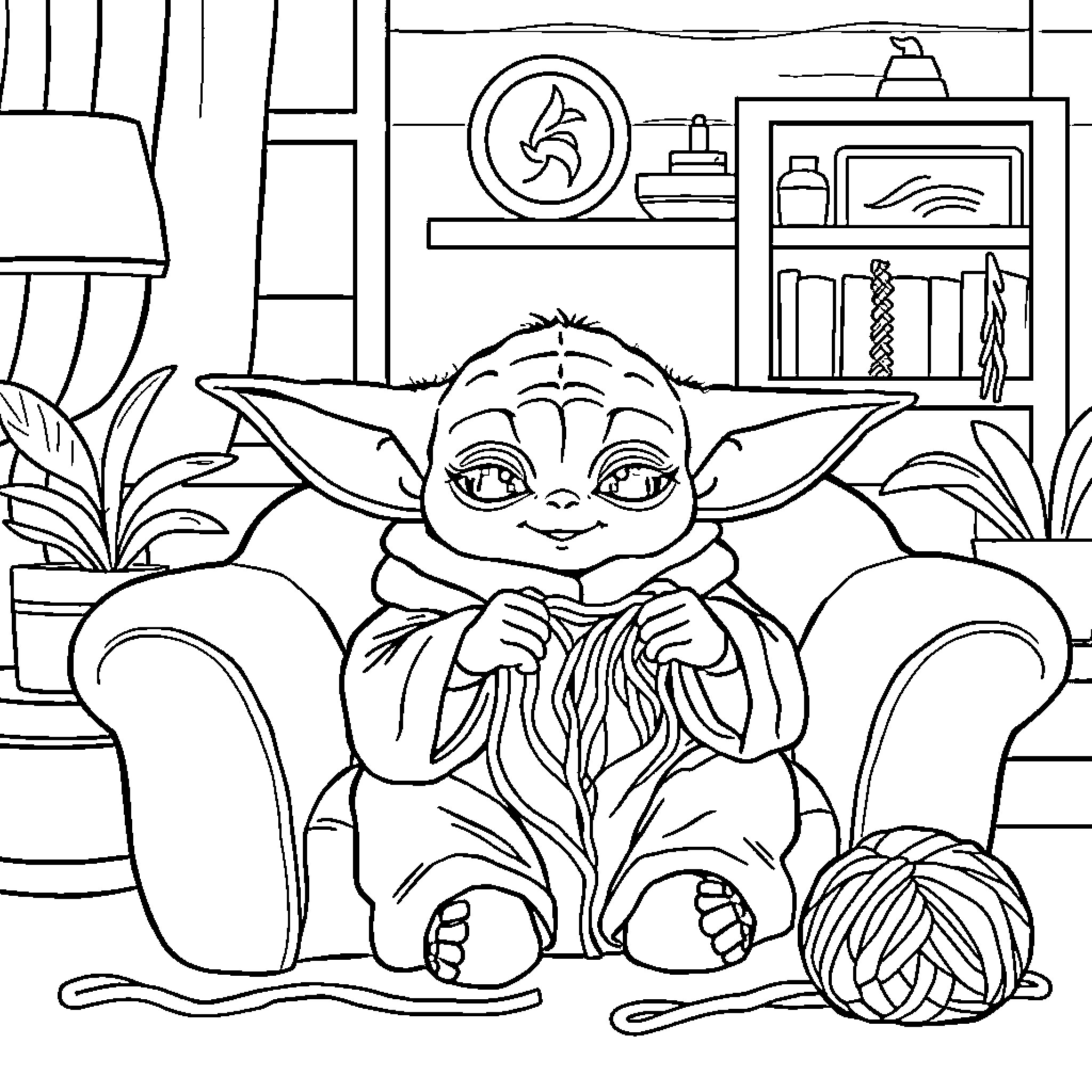 Baby Yoda knitting in a cozy living room Coloring Page (free black-and-white line drawing printable PDF for all, from beginners to advanced learners, including children, teens, adults, and seniors)