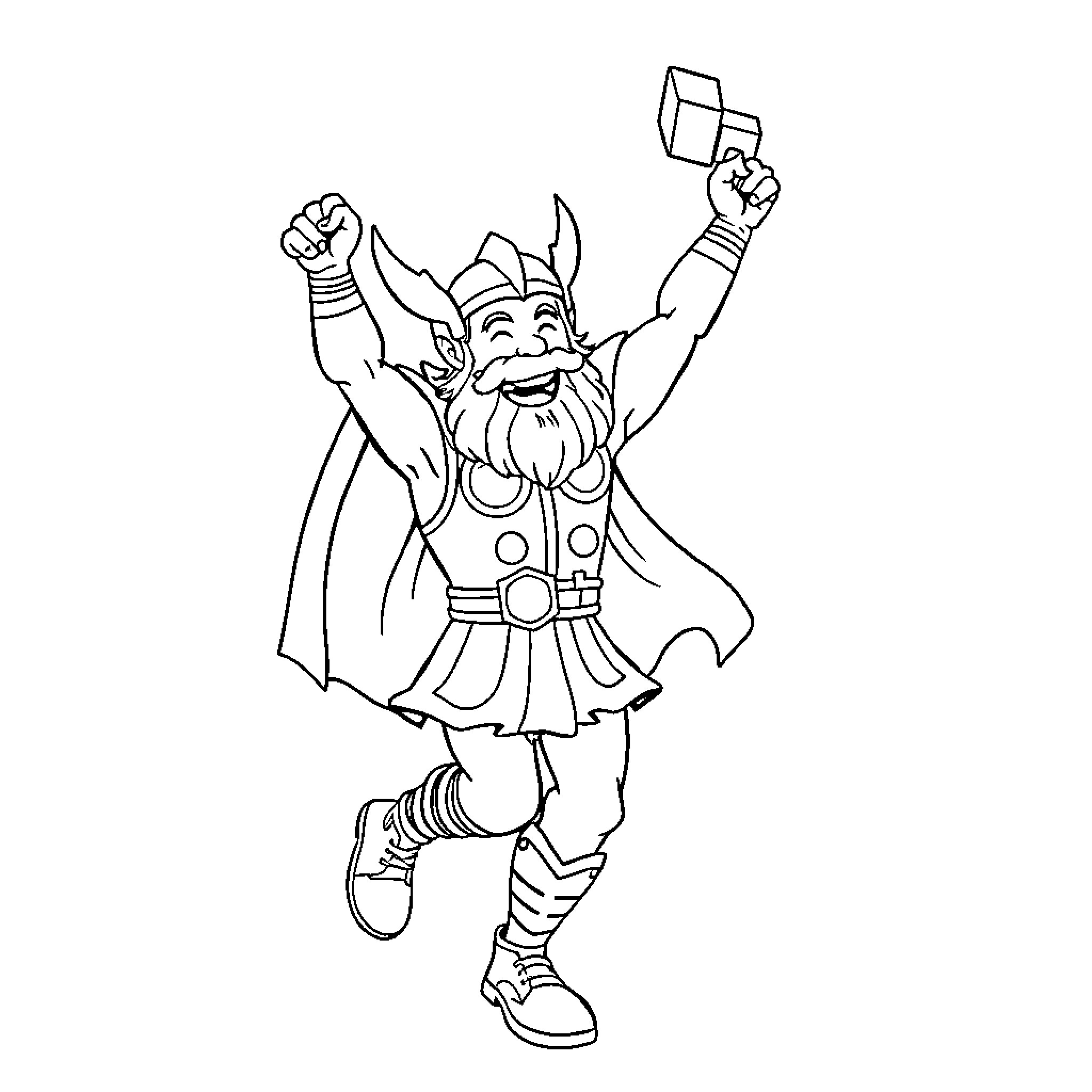 Thor Triumphantly Wielding His Hammer Coloring Page (free black-and-white line drawing printable PDF for all, from beginners to advanced learners, including children, teens, adults, and seniors)