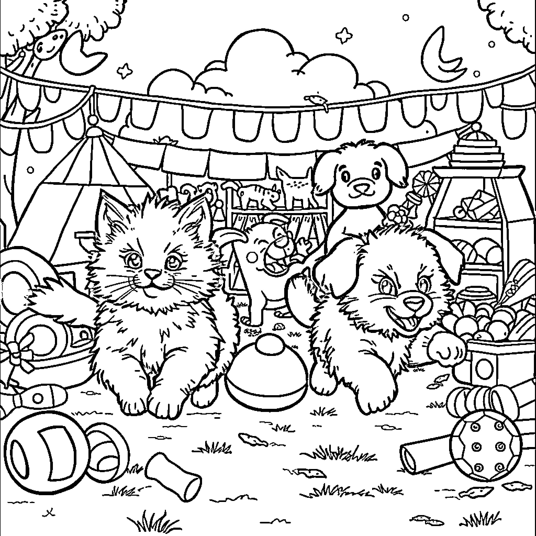 Kittens playing at the carnival Coloring Page (free black-and-white line drawing printable PDF for all, from beginners to advanced learners, including children, teens, adults, and seniors)