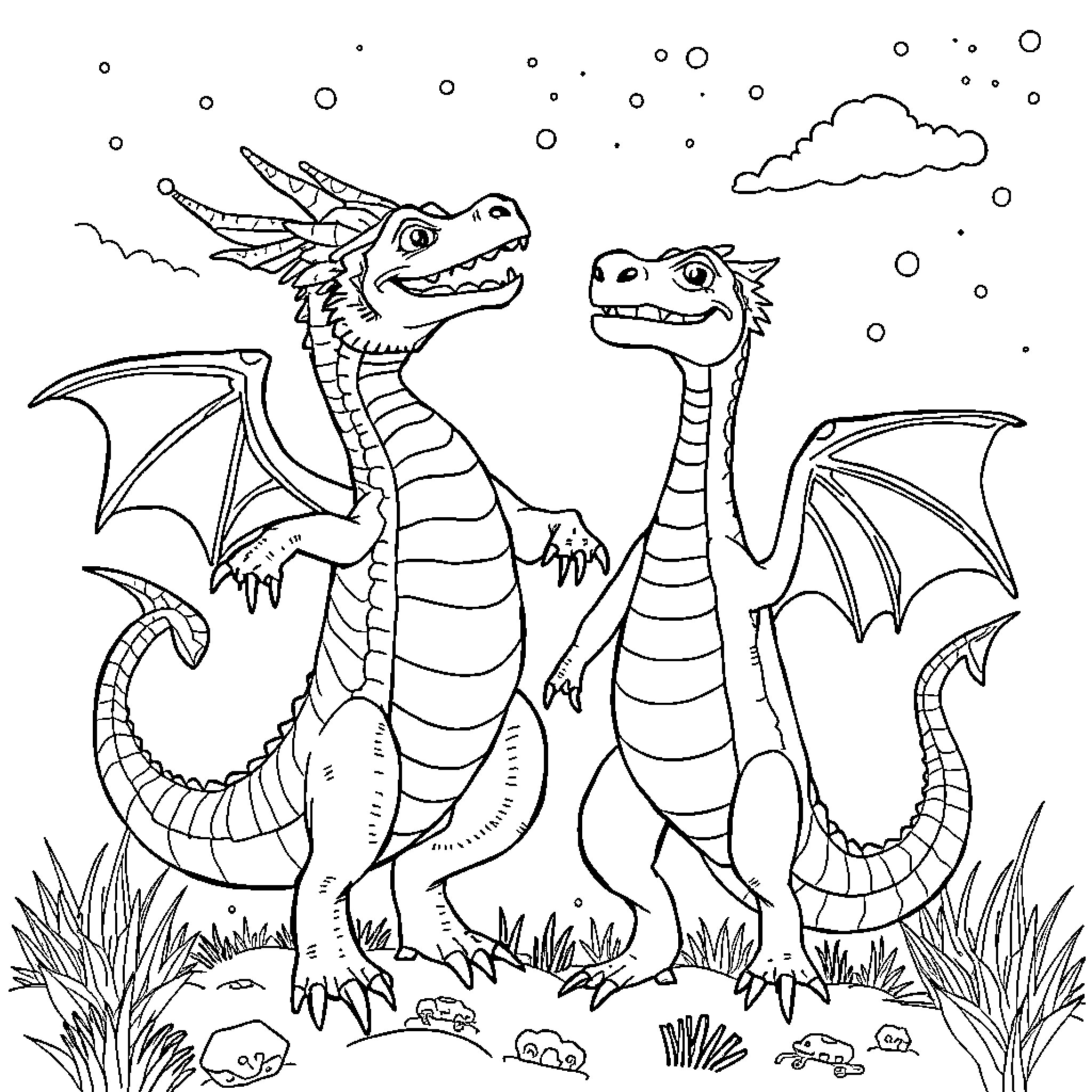 Salamander Dragons Frolicking in Snowy Landscape Coloring Page (free black-and-white line drawing printable PDF for all, from beginners to advanced learners, including children, teens, adults, and seniors)