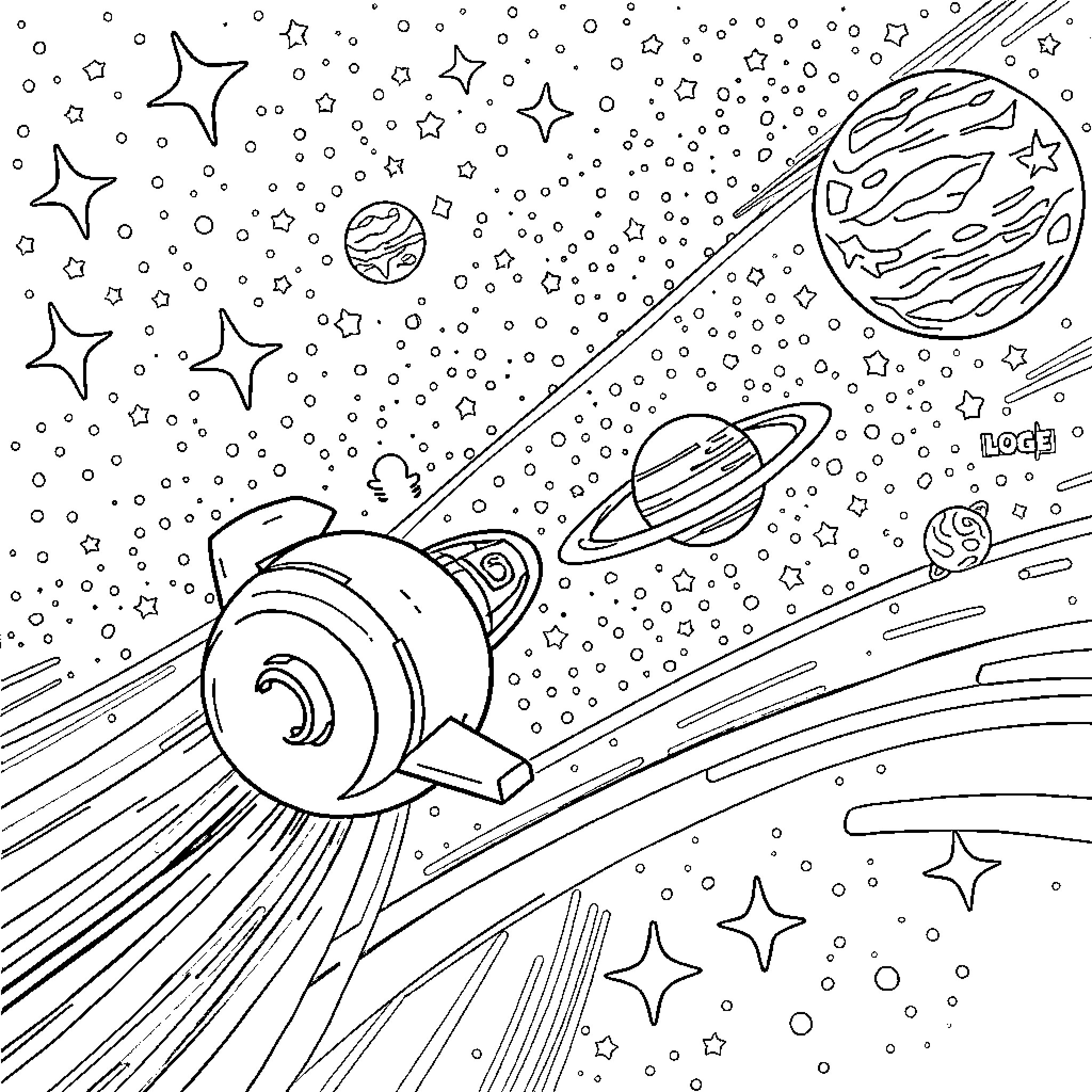Race through the Cosmic Landscape Coloring Page (free black-and-white line drawing printable PDF for all, from beginners to advanced learners, including children, teens, adults, and seniors)