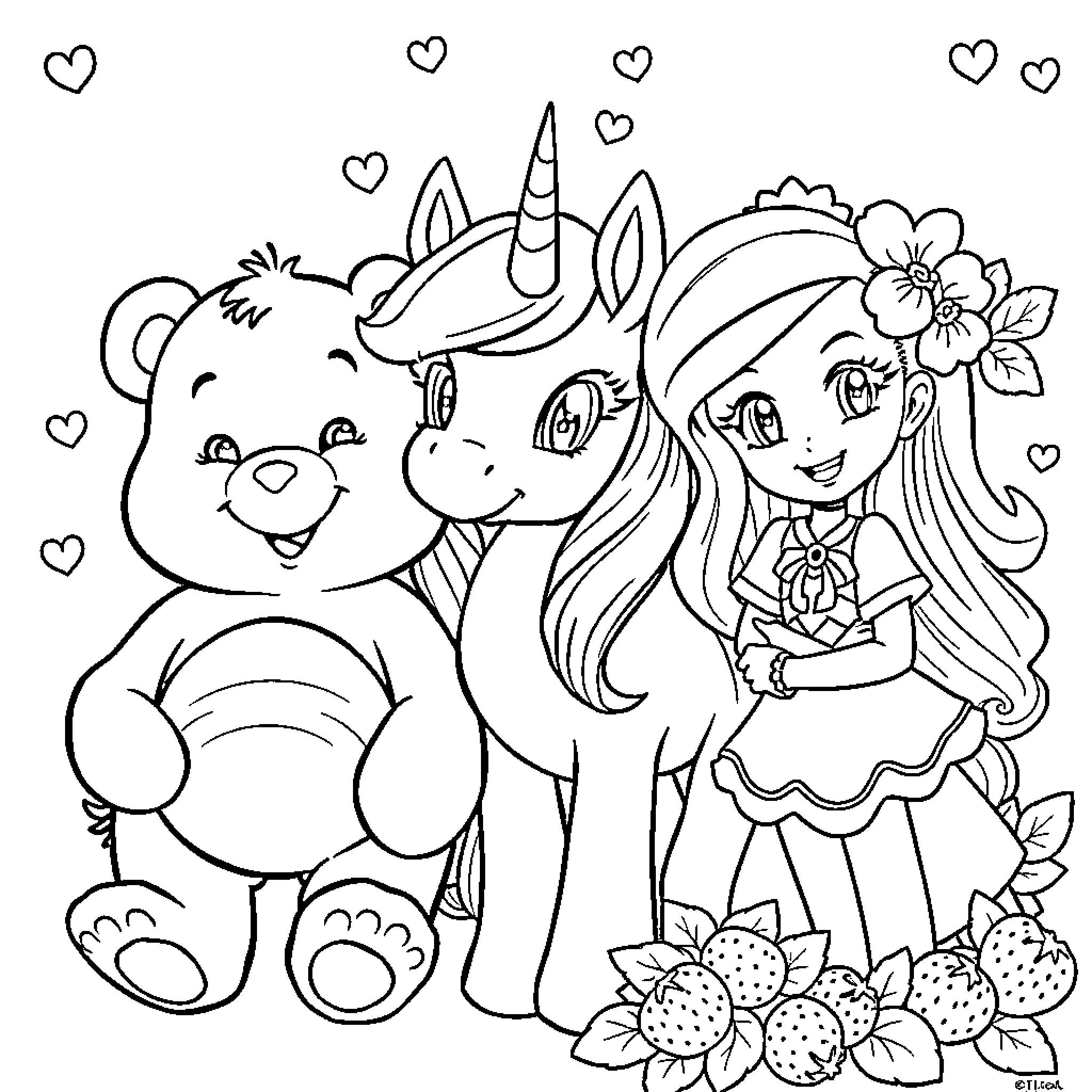Care Bear and Unicorn Playing with Girl in Nature Coloring Page (free black-and-white line drawing printable PDF for all, from beginners to advanced learners, including children, teens, adults, and seniors)