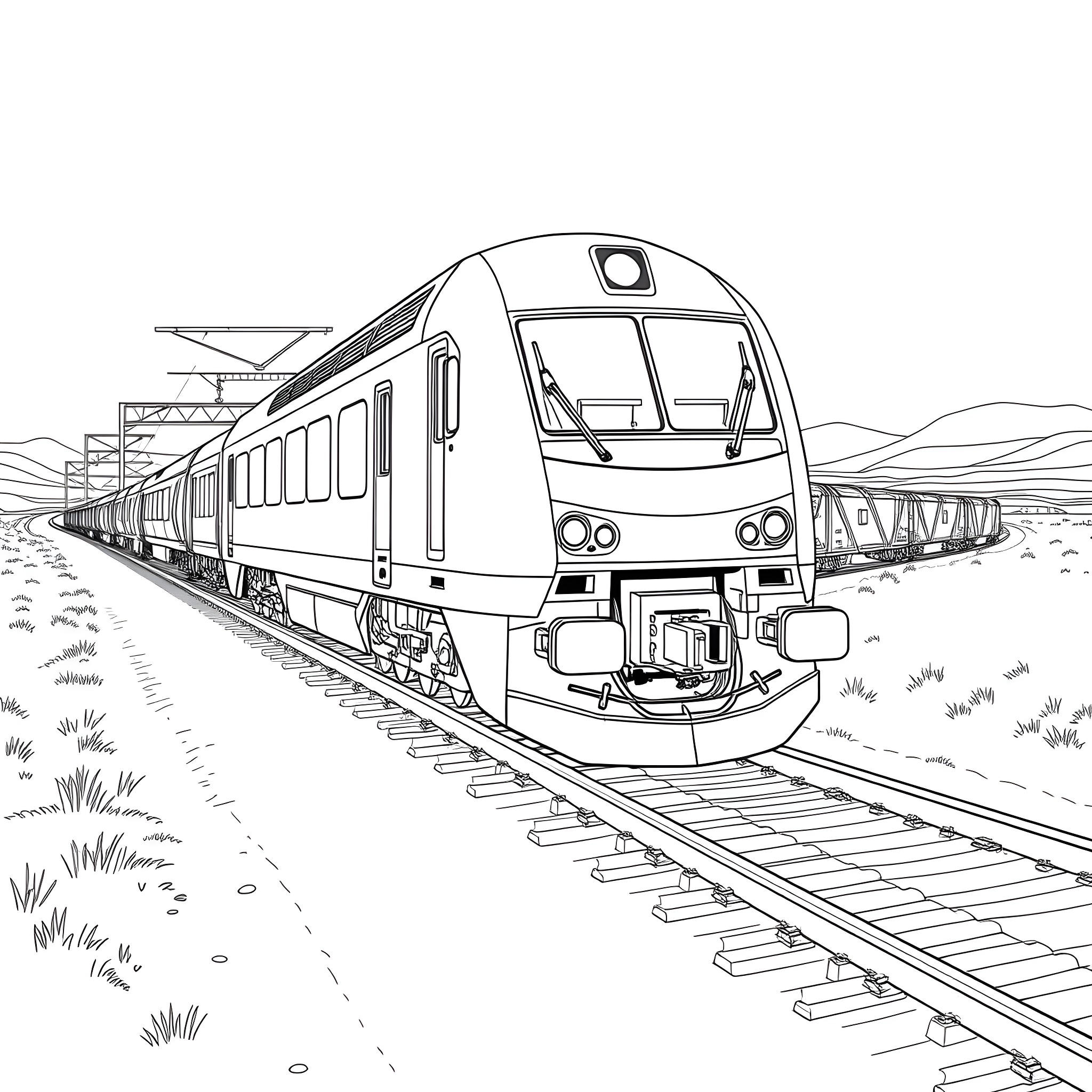Locomotive passing through scenic countryside Coloring Page (free black-and-white line drawing printable PDF for all, from beginners to advanced learners, including children, teens, adults, and seniors)