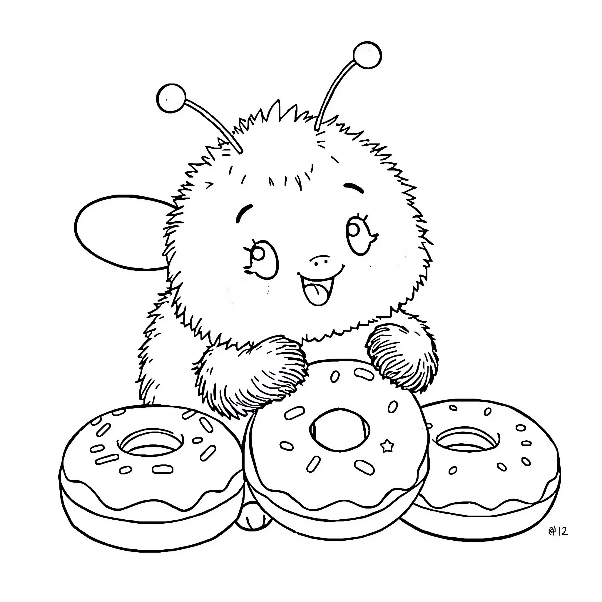 Bumblebee enjoying delightful donuts Coloring Page (free black-and-white line drawing printable PDF for all, from beginners to advanced learners, including children, teens, adults, and seniors)