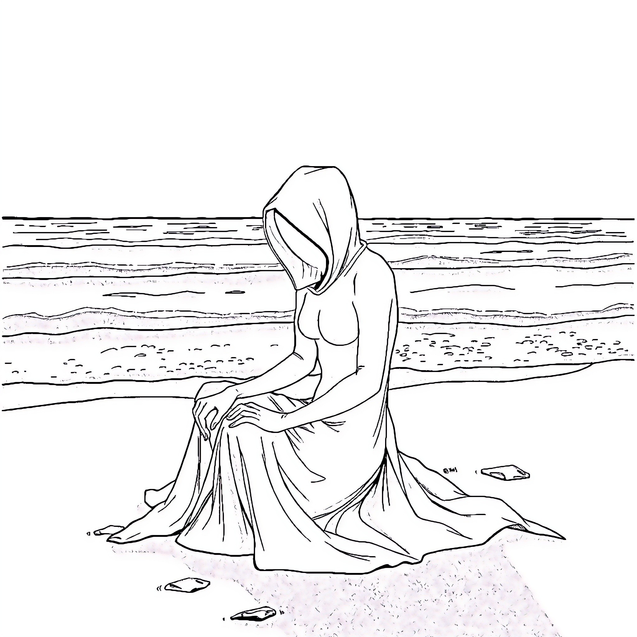 Shadowheart: Solitary figure contemplating the sea Coloring Page (free black-and-white line drawing printable PDF for all, from beginners to advanced learners, including children, teens, adults, and seniors)
