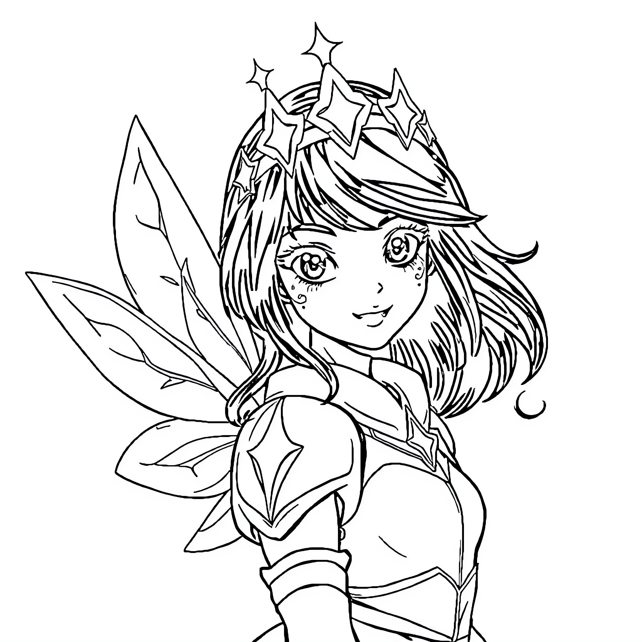 Manga Girl Dressed as Fairy with Sparkling Stars Coloring Page (free black-and-white line drawing printable PDF for all, from beginners to advanced learners, including children, teens, adults, and seniors)