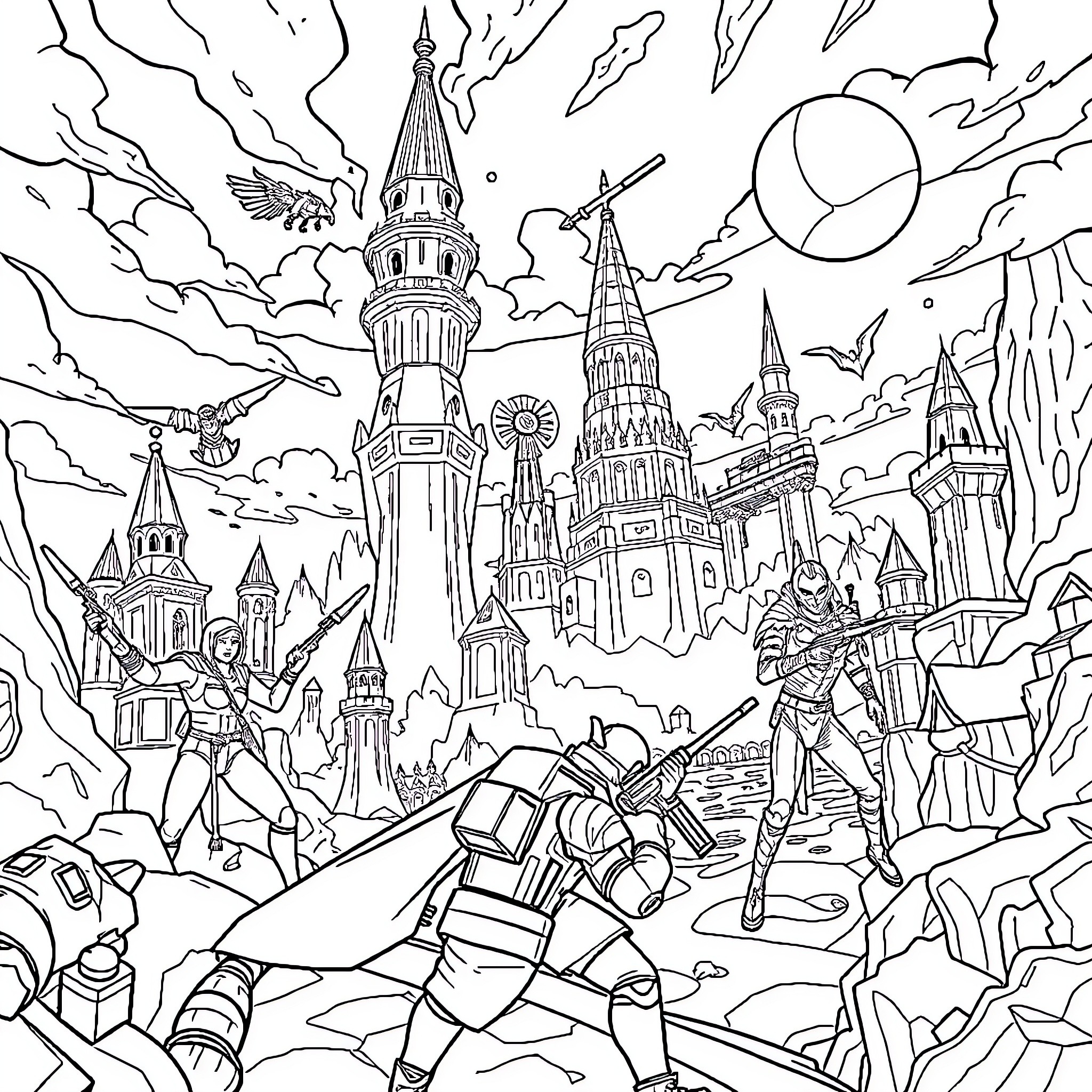 Valorant Agents Defend Iconic Battleground Coloring Page (free black-and-white line drawing printable PDF for all, from beginners to advanced learners, including children, teens, adults, and seniors)