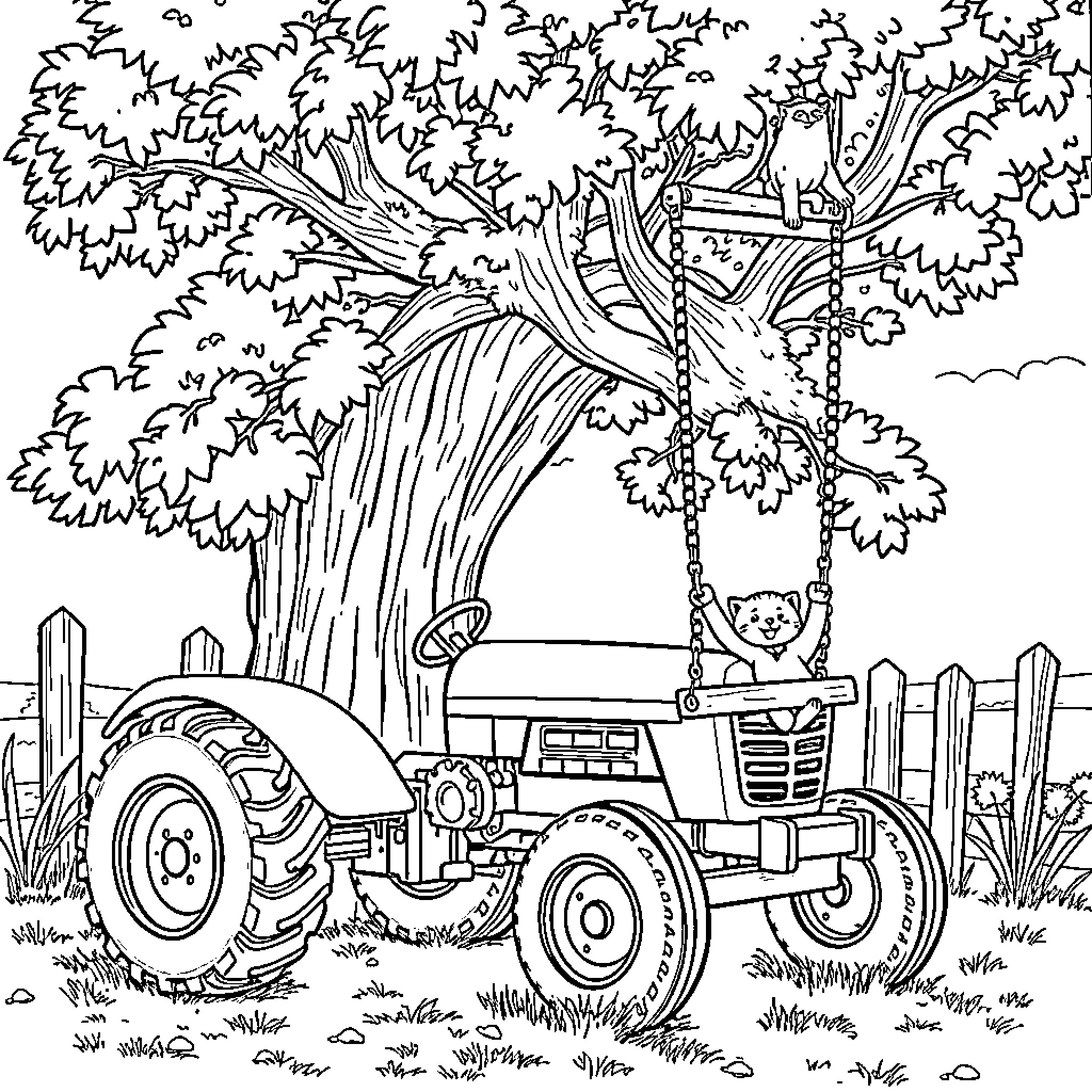 Tractor working in the rural landscape Coloring Page (free black-and-white line drawing printable PDF for all, from beginners to advanced learners, including children, teens, adults, and seniors)